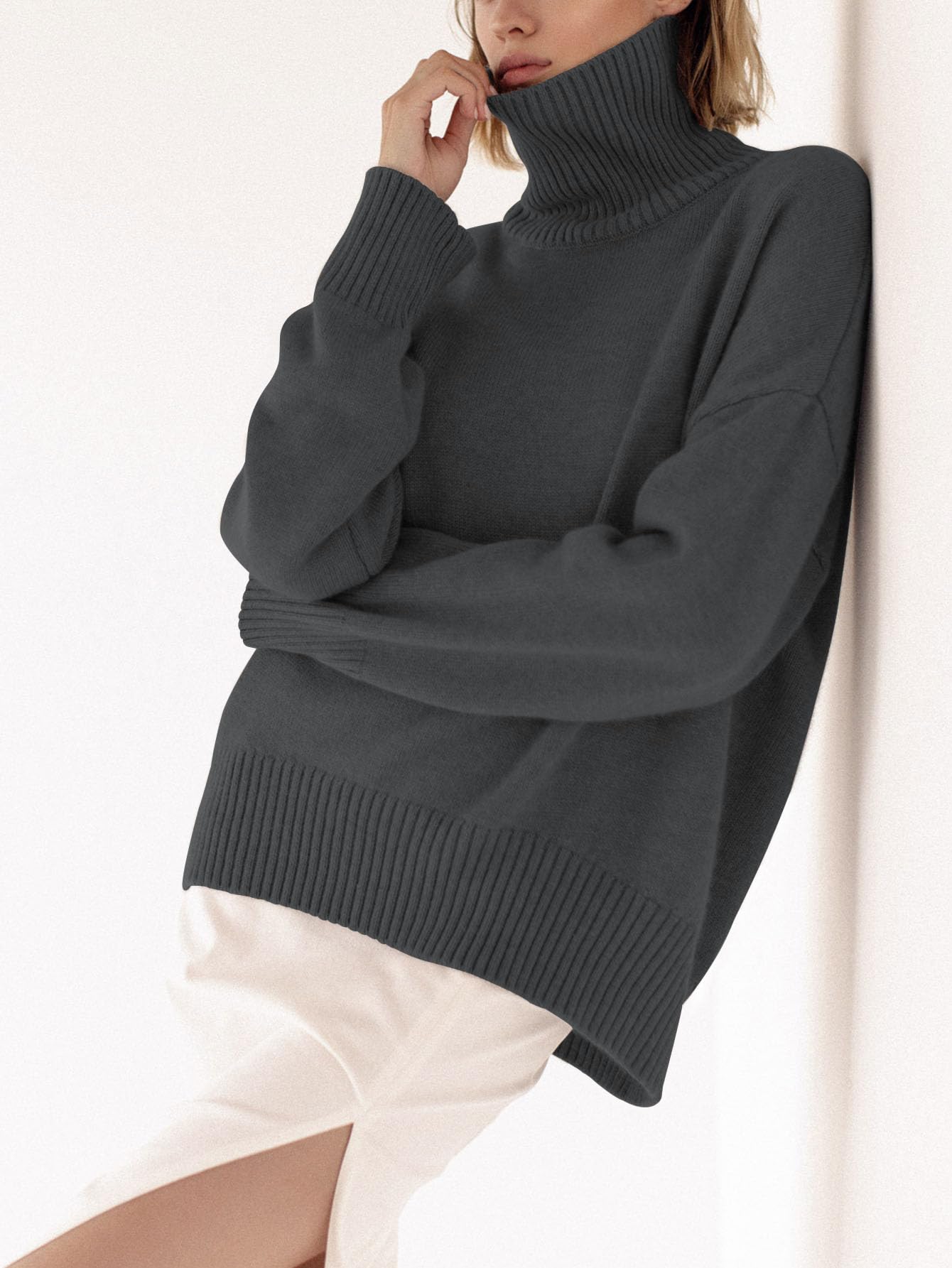 Turtleneck Sweater Chunky Long Sleeve Knitted Pullover High Low