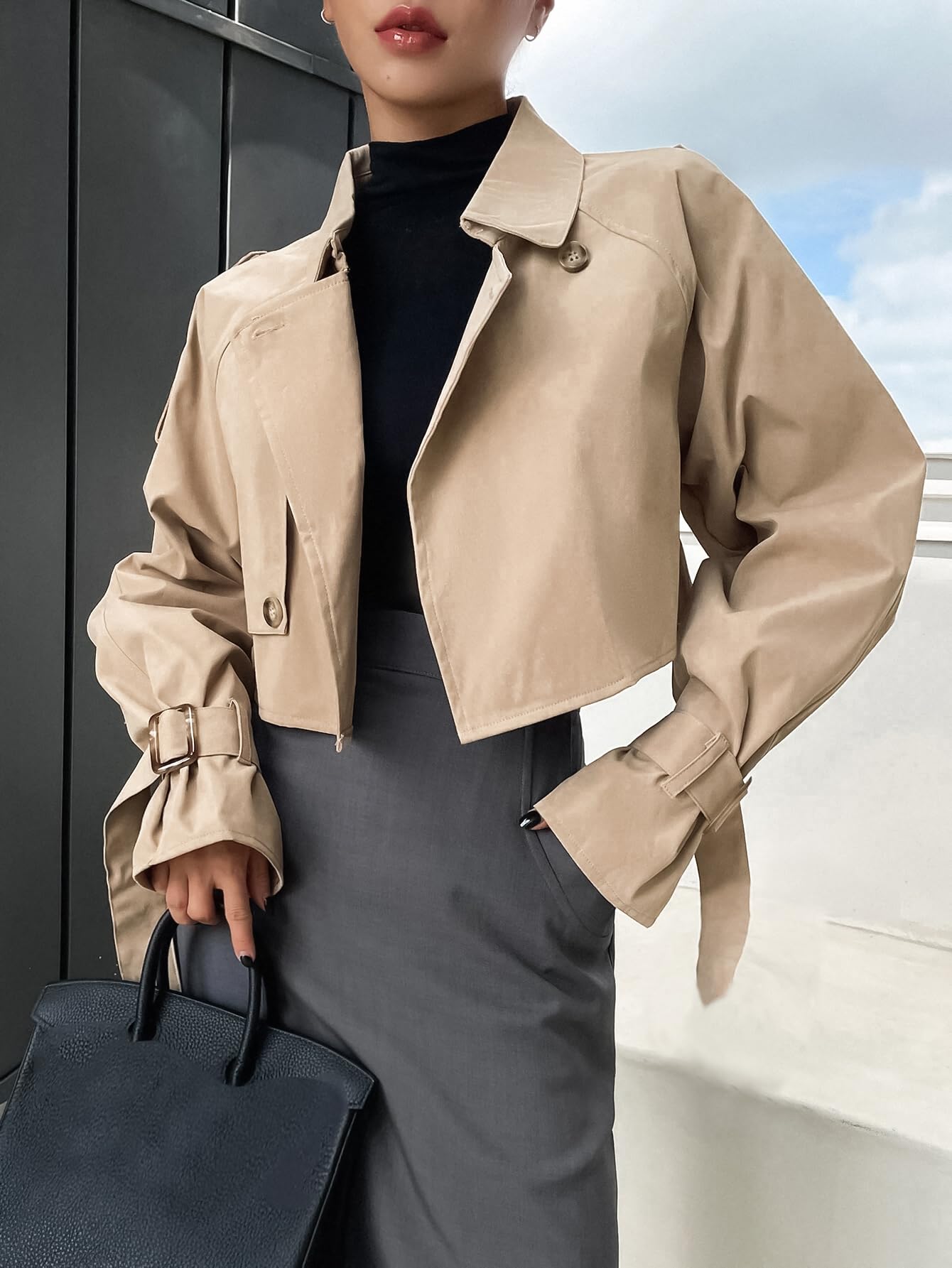 Cropped Trench Coat Classic Double-Breasted Lapel Overcoat Outerwear