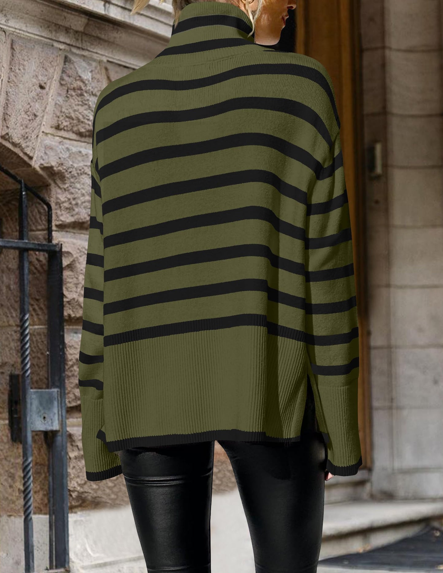 Turtleneck Long Sleeve Striped Side Slit Loose Pullover Sweater