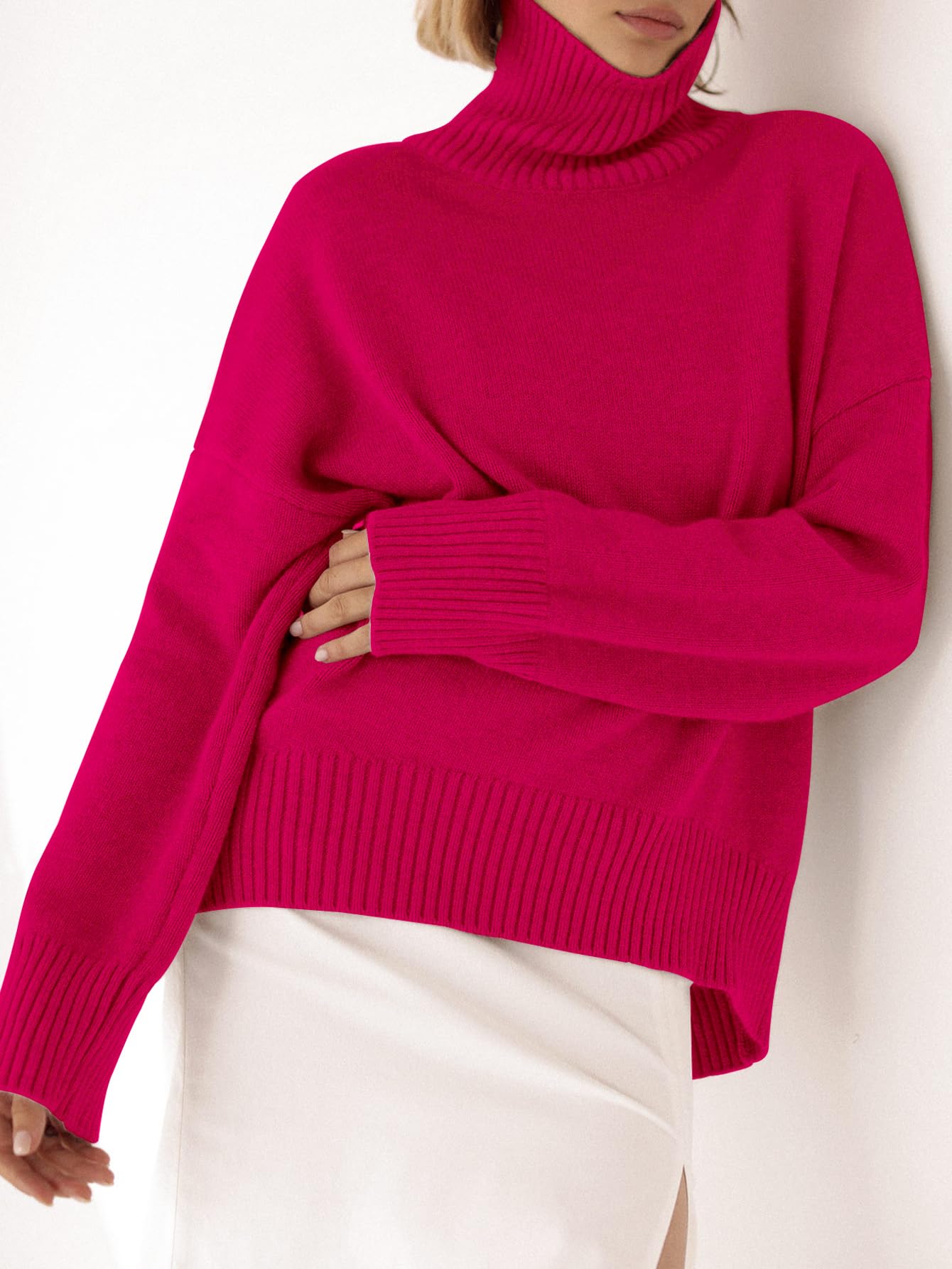 Turtleneck Sweater Chunky Long Sleeve Knitted Pullover High Low