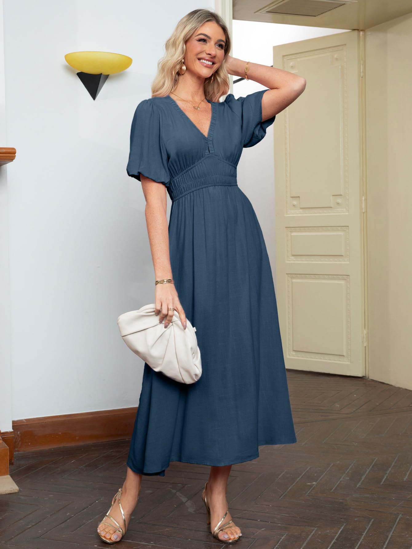 Maxi Dress V Neck Puff Sleeve Flowy Linen Like Dress