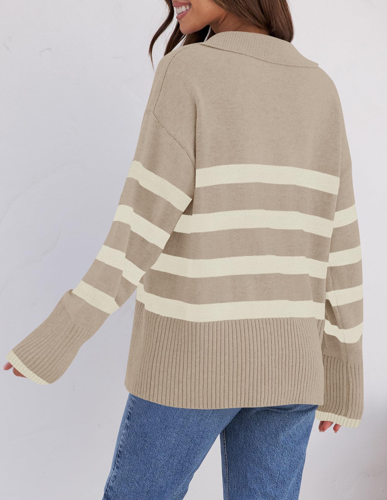 Lapel V Neck Long Sleeve Striped Chunky Knit Oversized Pullover Sweater