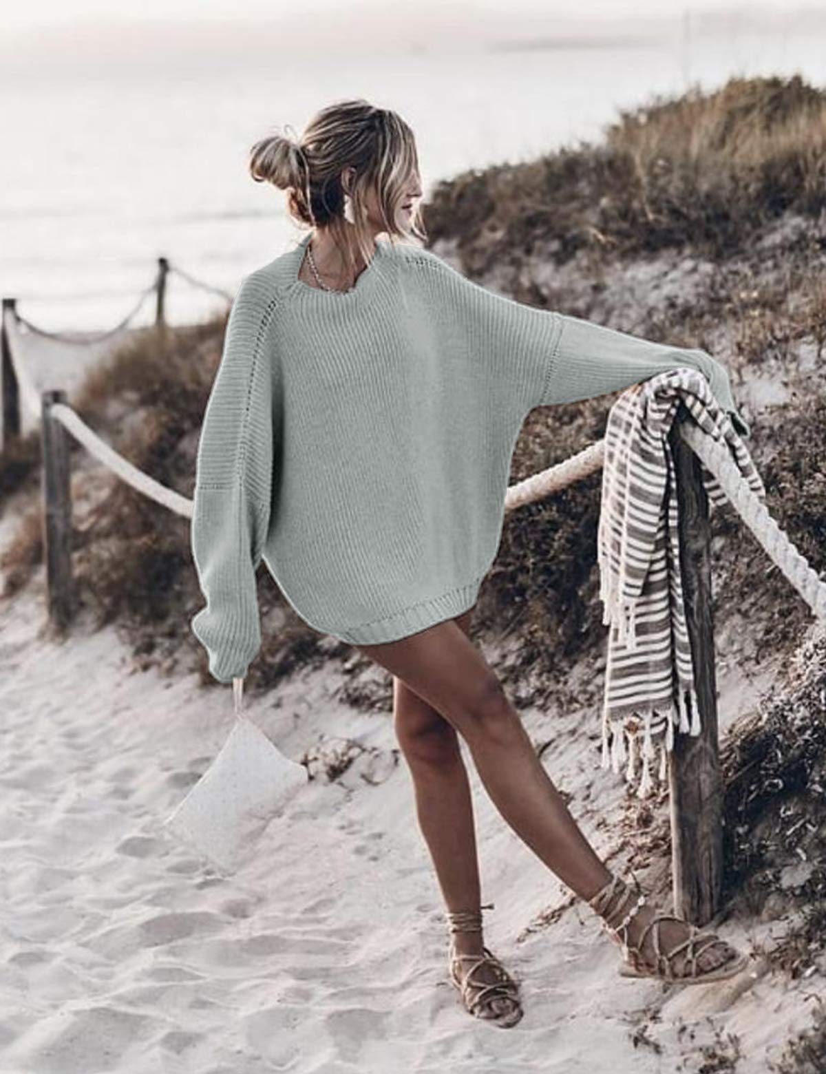 Oversized Sweaters Batwing Sleeve Mock Neck Knit Pullover Sweater