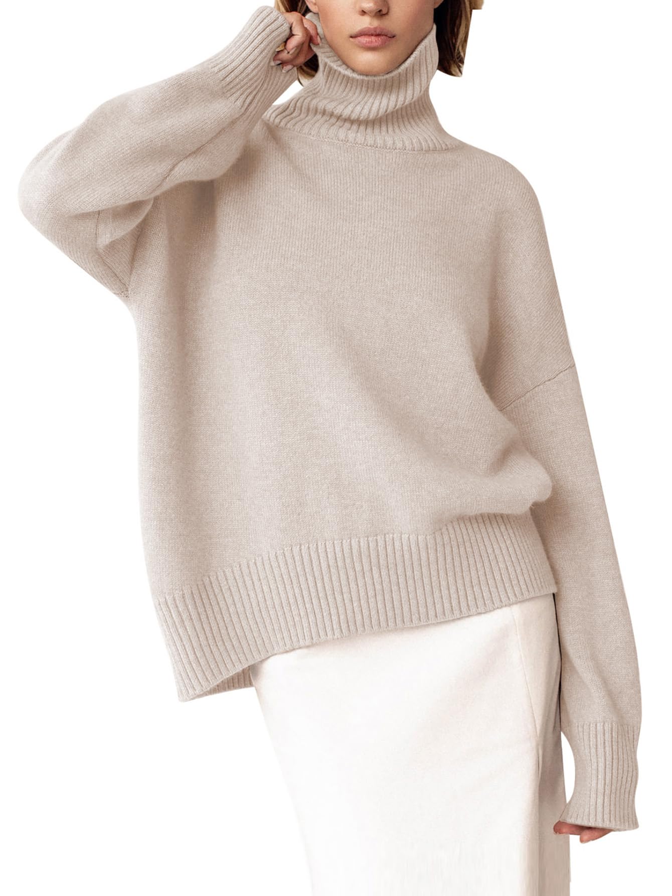 Turtleneck Sweater Chunky Long Sleeve Knitted Pullover High Low