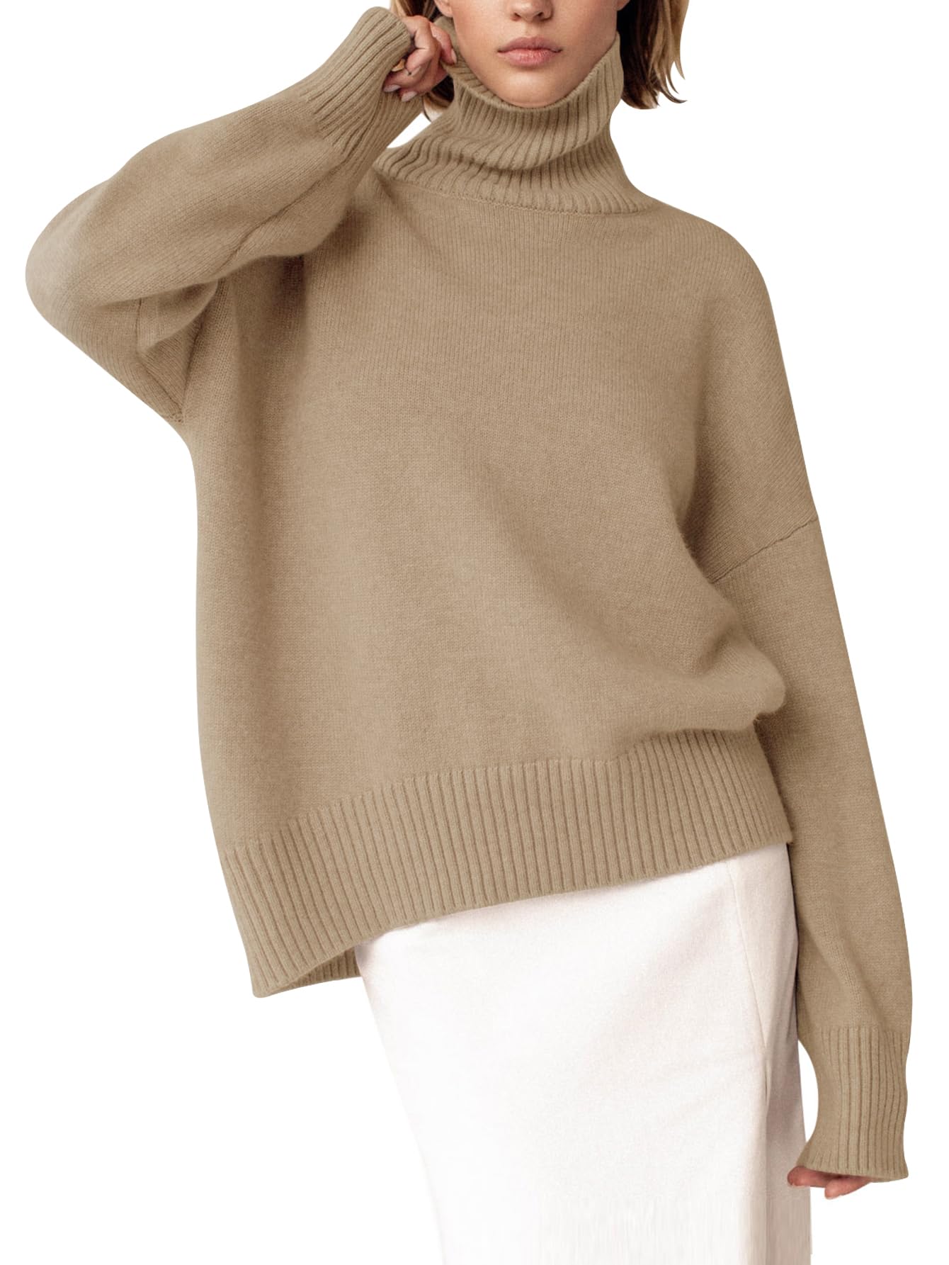 Turtleneck Sweater Chunky Long Sleeve Knitted Pullover High Low