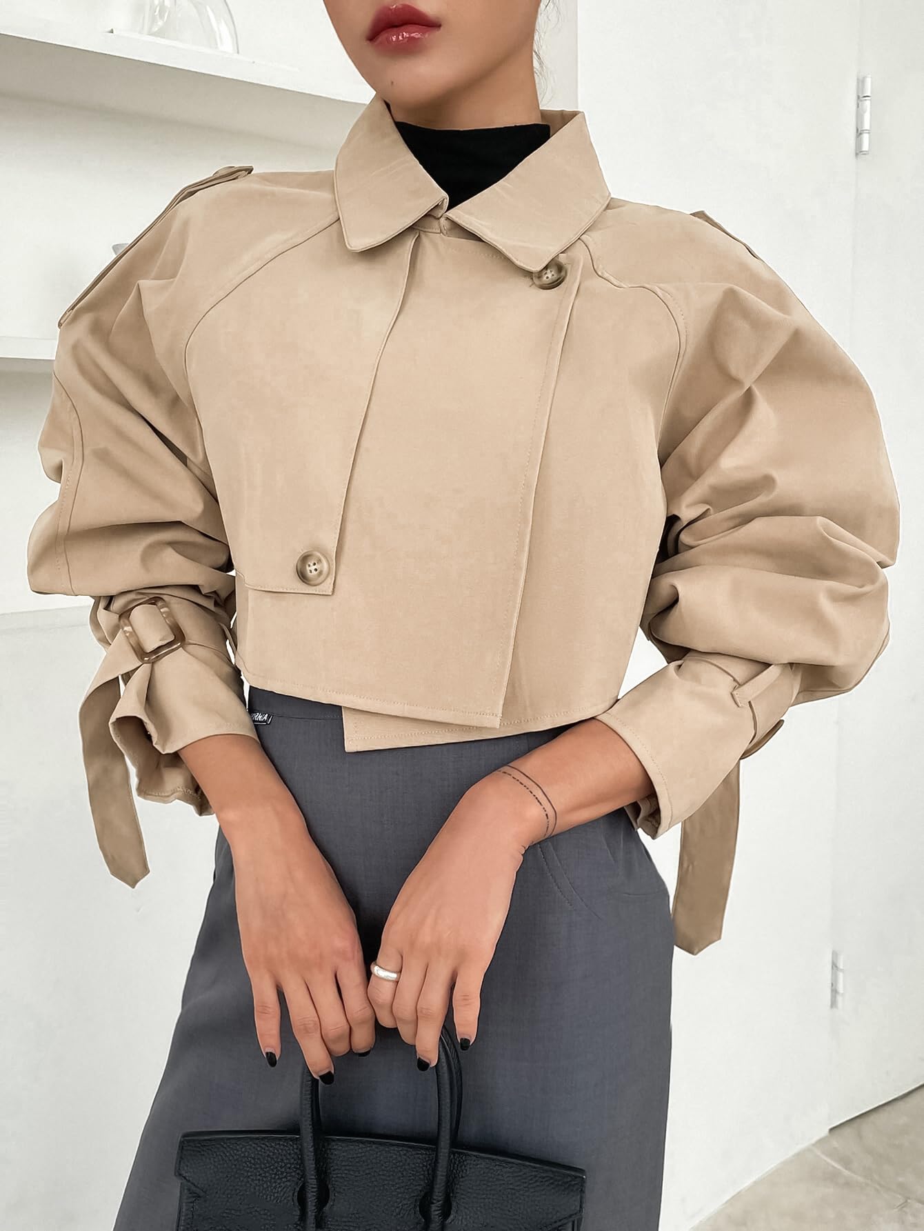 Cropped Trench Coat Classic Double-Breasted Lapel Overcoat Outerwear