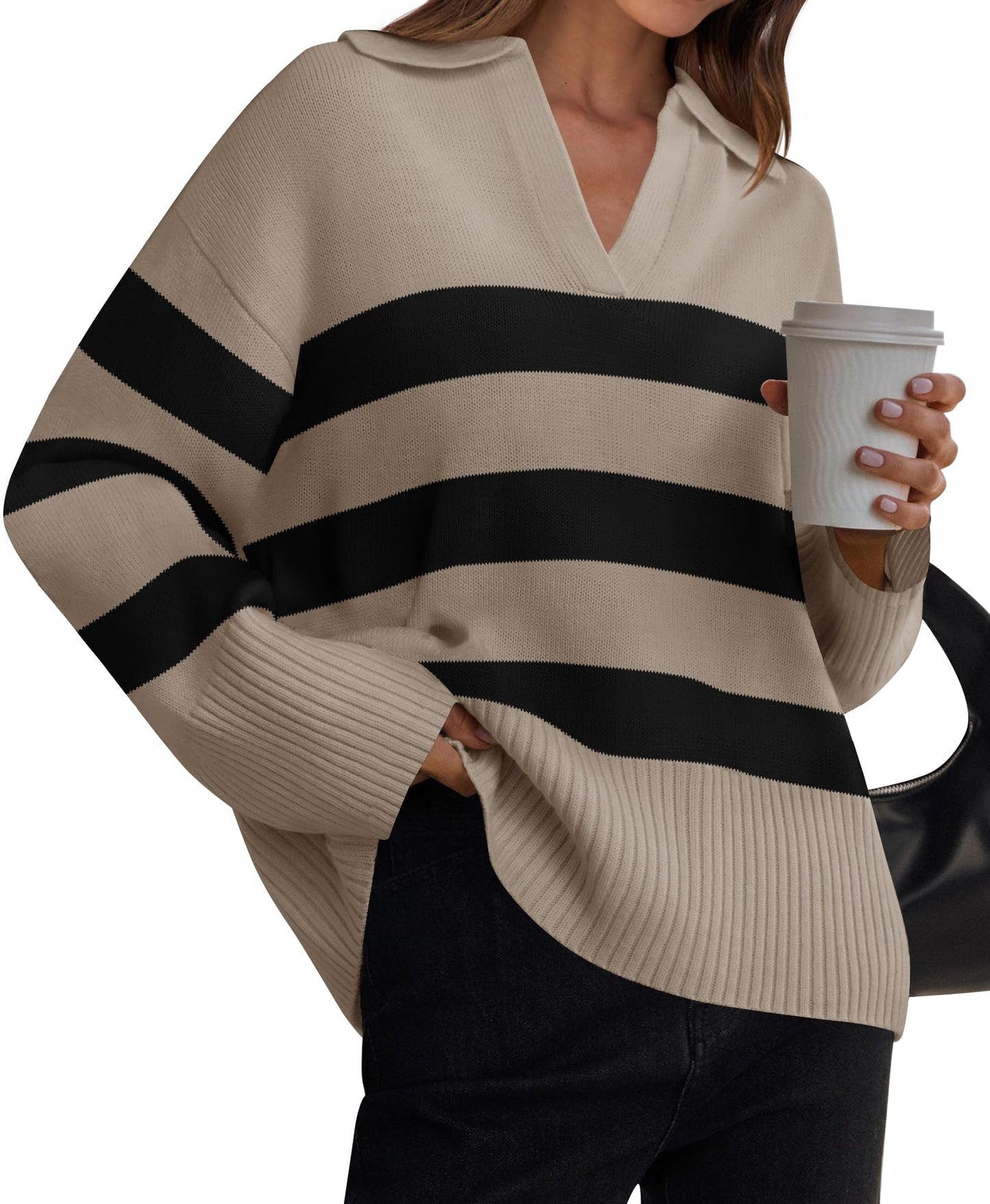 Lapel V Neck Long Sleeve Striped Chunky Knit Oversized Pullover Sweater