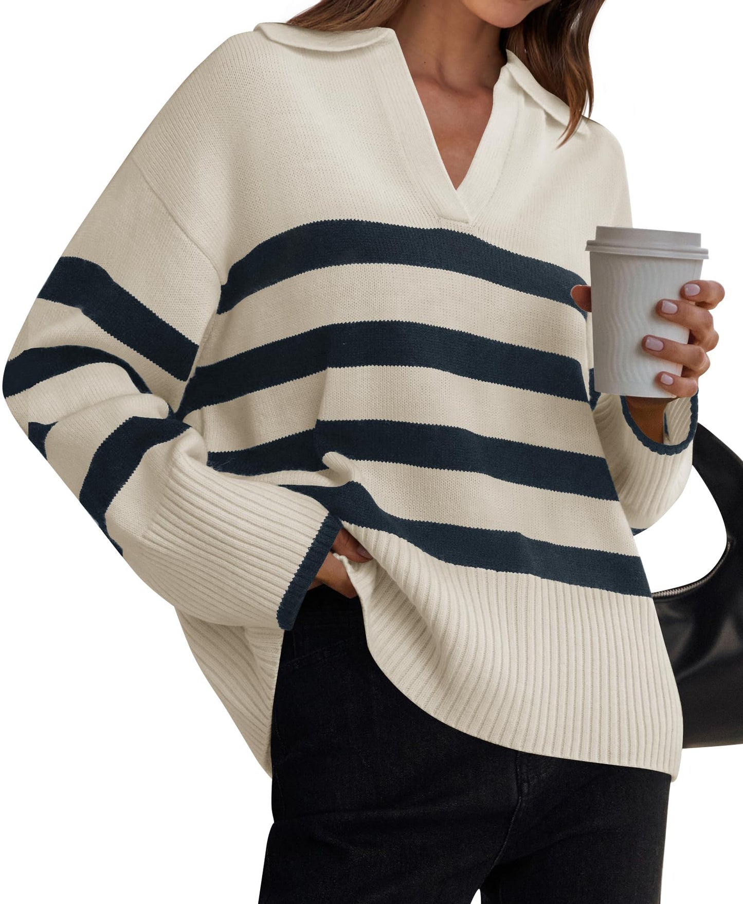 Lapel V Neck Long Sleeve Striped Chunky Knit Oversized Pullover Sweater