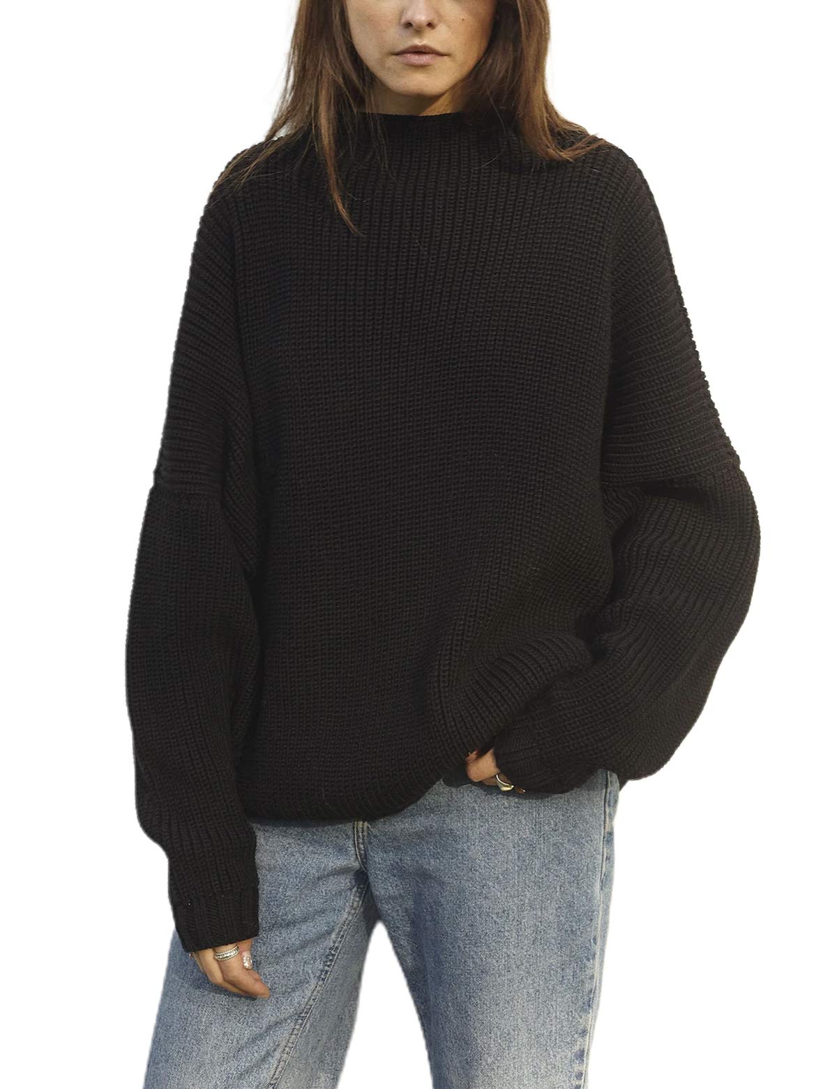 Oversized Sweaters Batwing Sleeve Mock Neck Knit Pullover Sweater