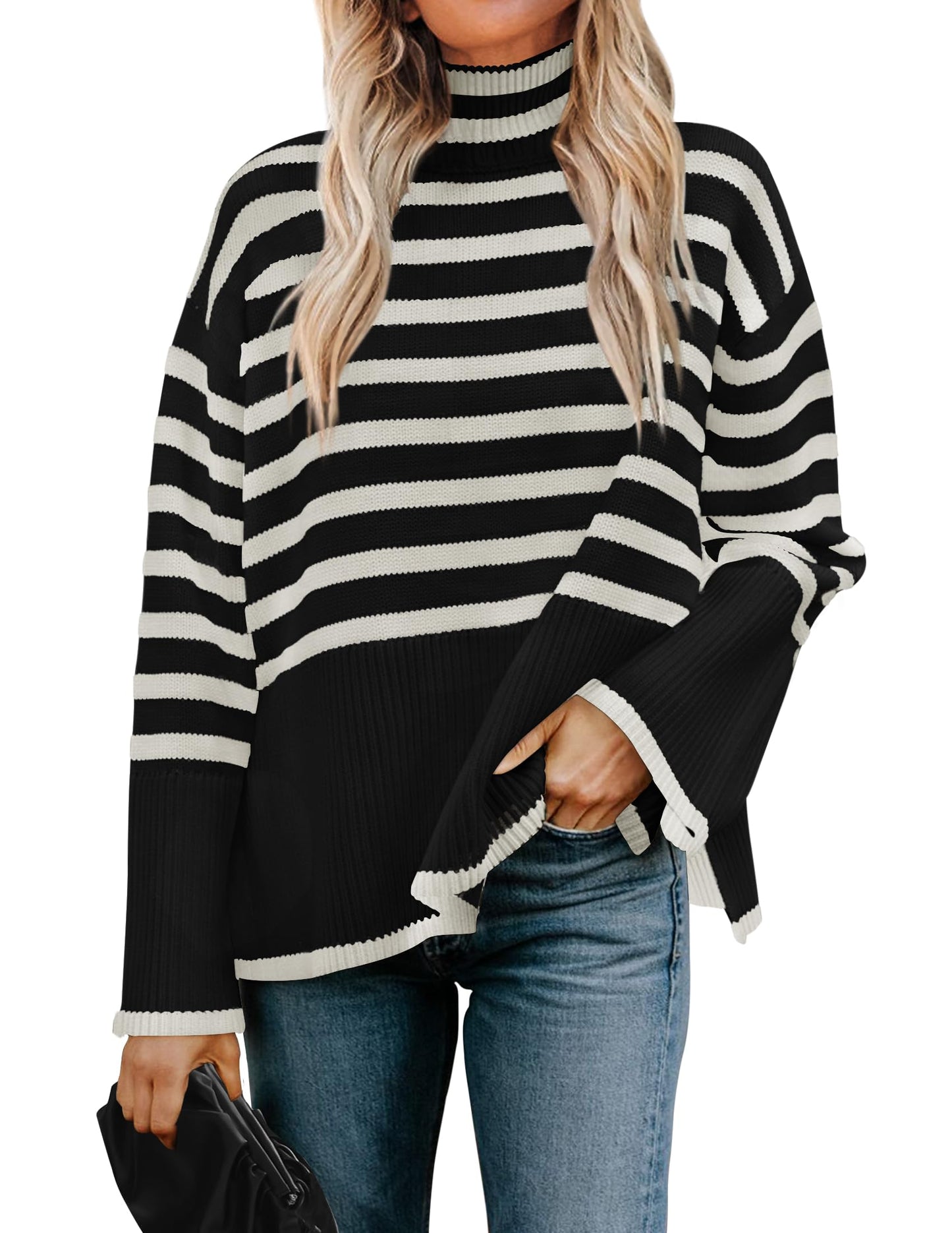 Turtleneck Long Sleeve Striped Side Slit Loose Pullover Sweater