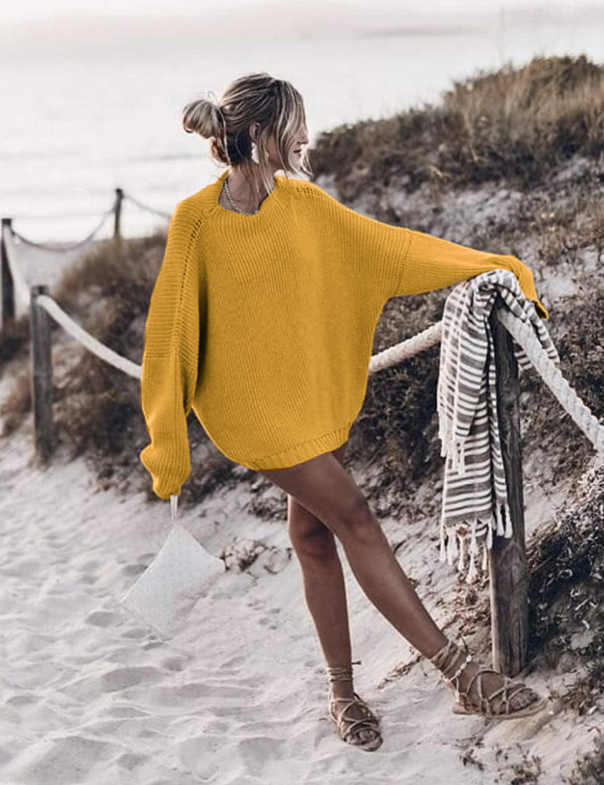 Oversized Sweaters Batwing Sleeve Mock Neck Knit Pullover Sweater