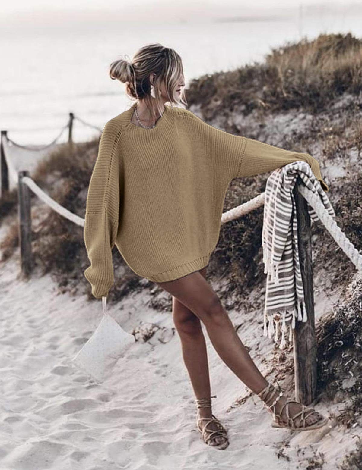 Oversized Sweaters Batwing Sleeve Mock Neck Knit Pullover Sweater