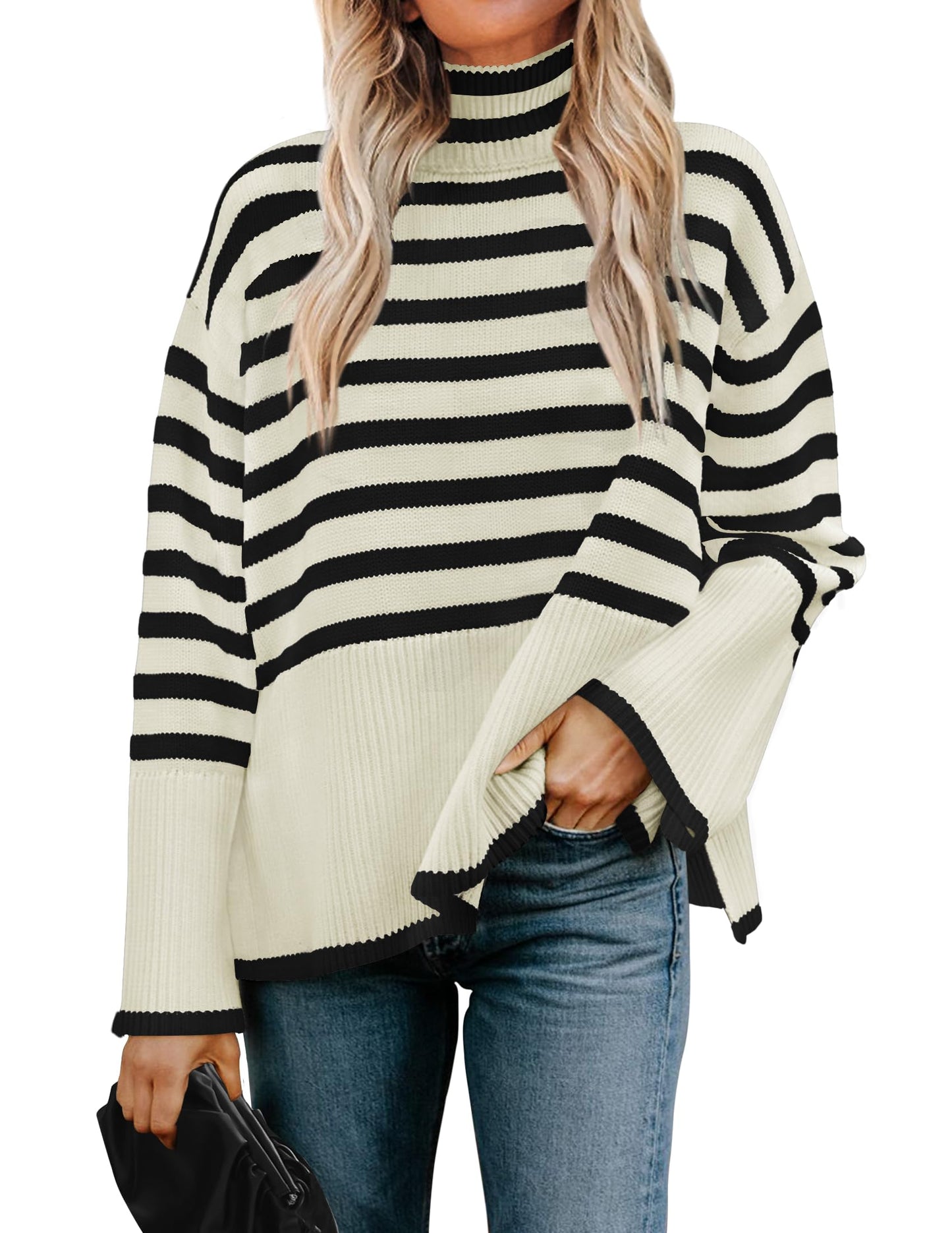 Turtleneck Long Sleeve Striped Side Slit Loose Pullover Sweater