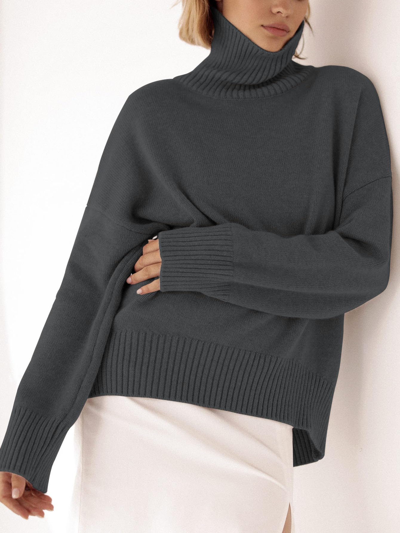 Turtleneck Sweater Chunky Long Sleeve Knitted Pullover High Low