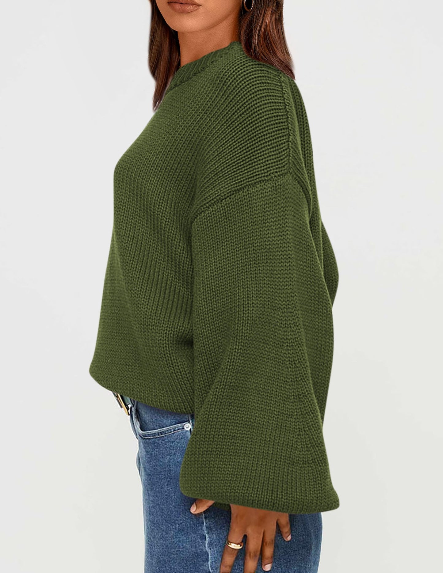 Chunky Knit Sweater Long Lantern Sleeve Crewneck Pullover