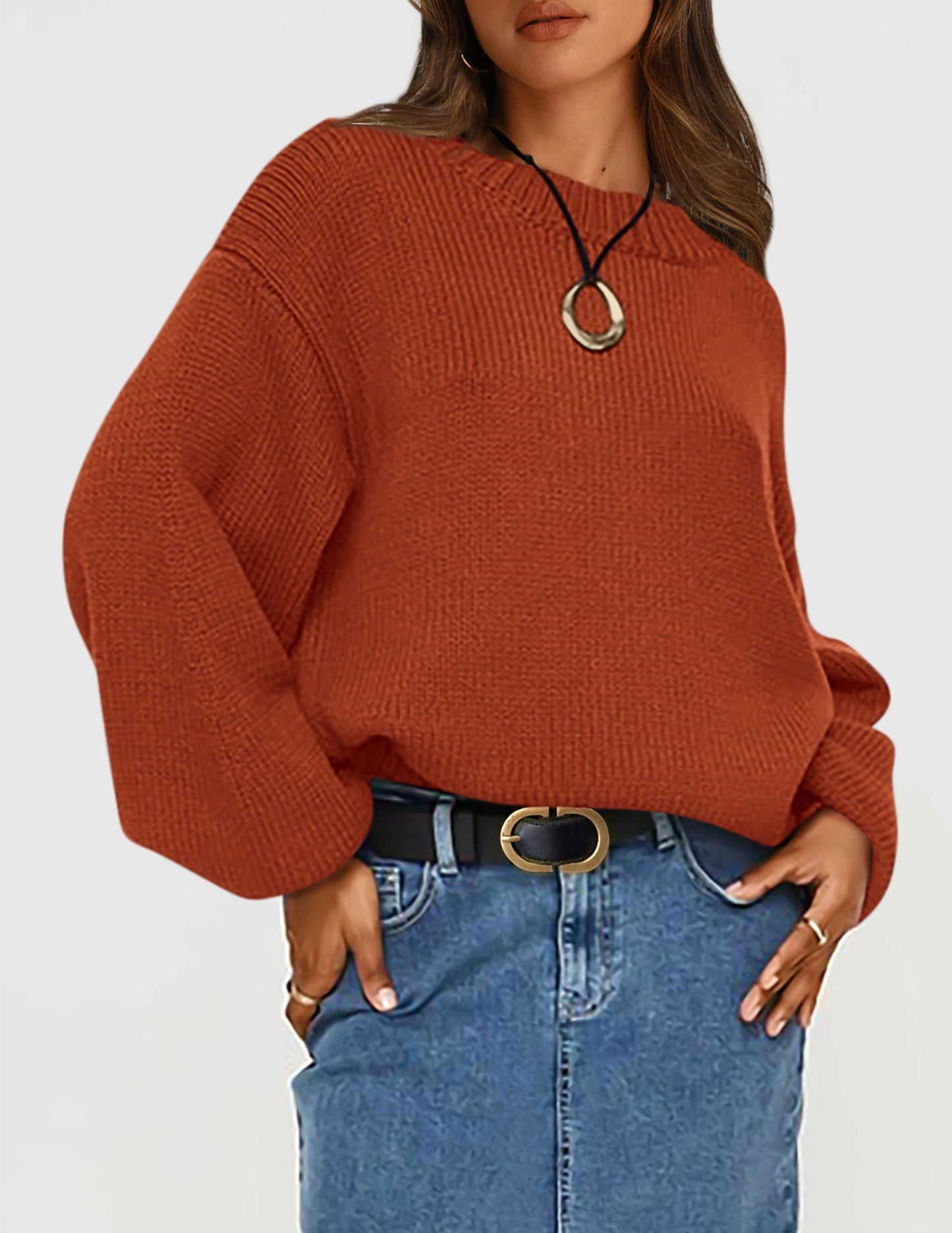 Chunky Knit Sweater Long Lantern Sleeve Crewneck Pullover