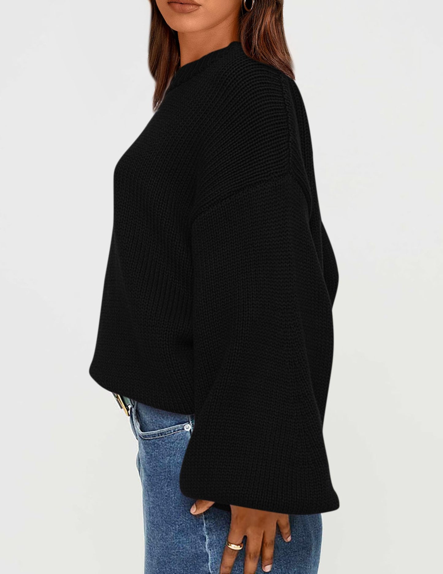 Chunky Knit Sweater Long Lantern Sleeve Crewneck Pullover