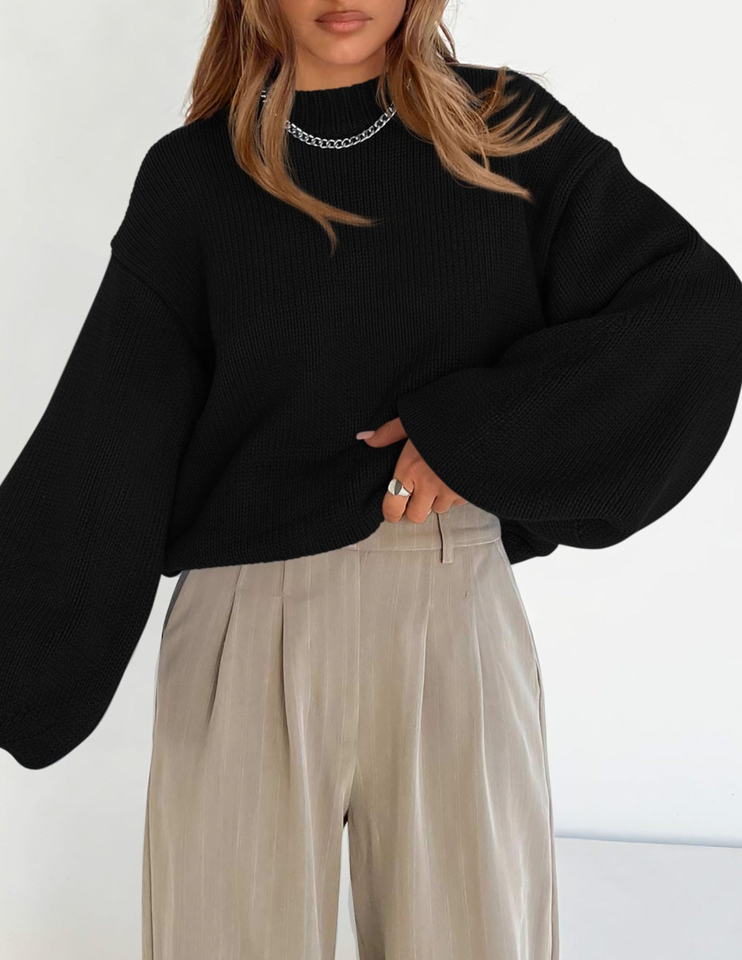 Chunky Knit Sweater Long Lantern Sleeve Crewneck Pullover