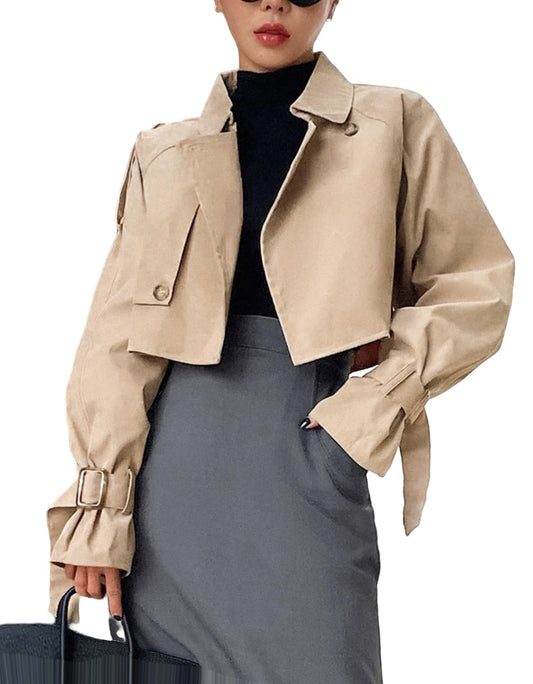 Cropped Trench Coat Classic Double-Breasted Lapel Overcoat Outerwear