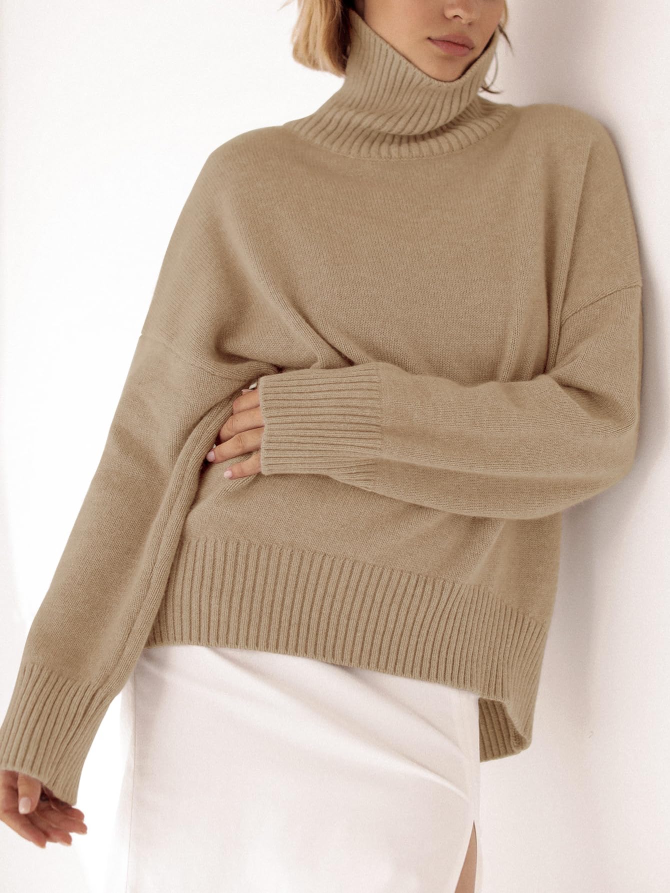 Turtleneck Sweater Chunky Long Sleeve Knitted Pullover High Low