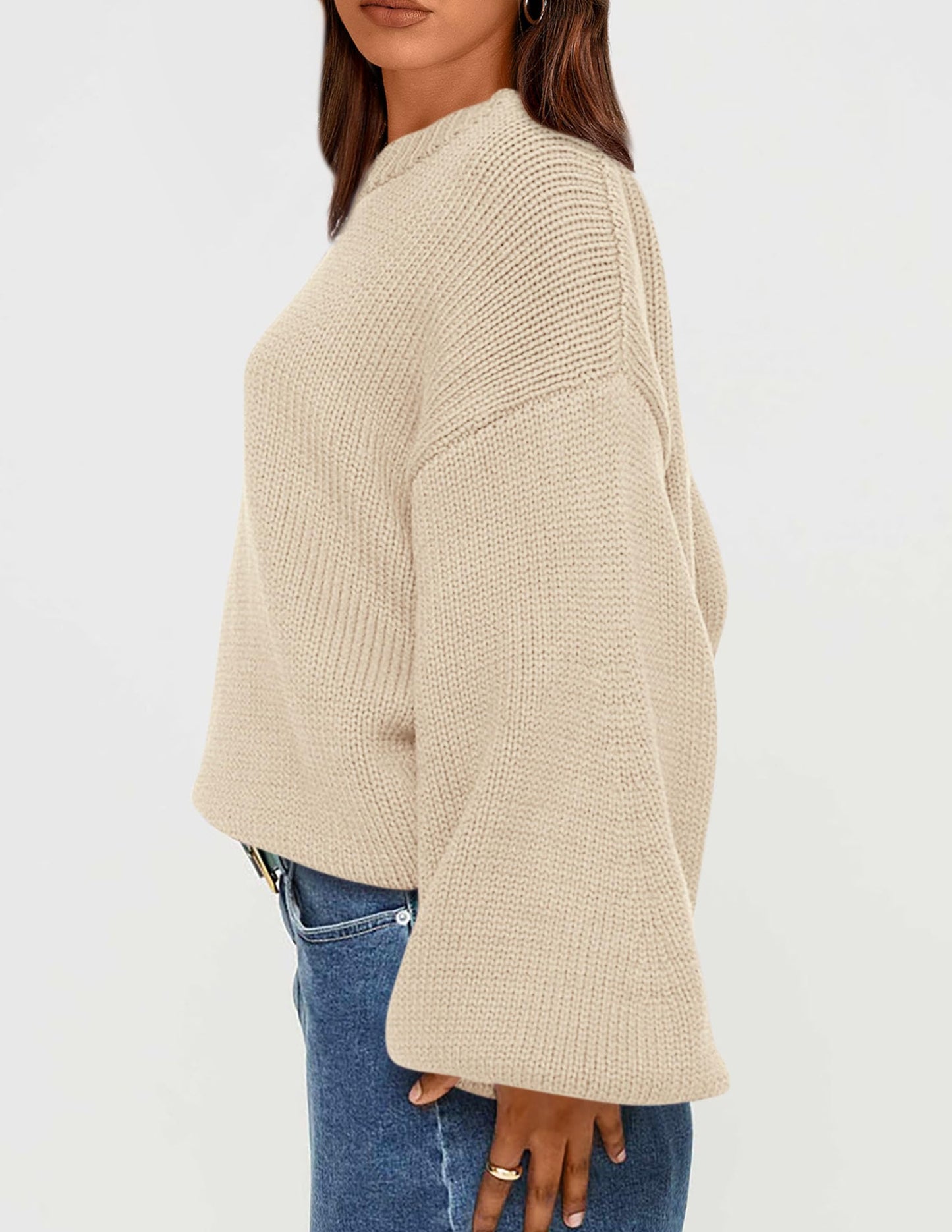 Chunky Knit Sweater Long Lantern Sleeve Crewneck Pullover