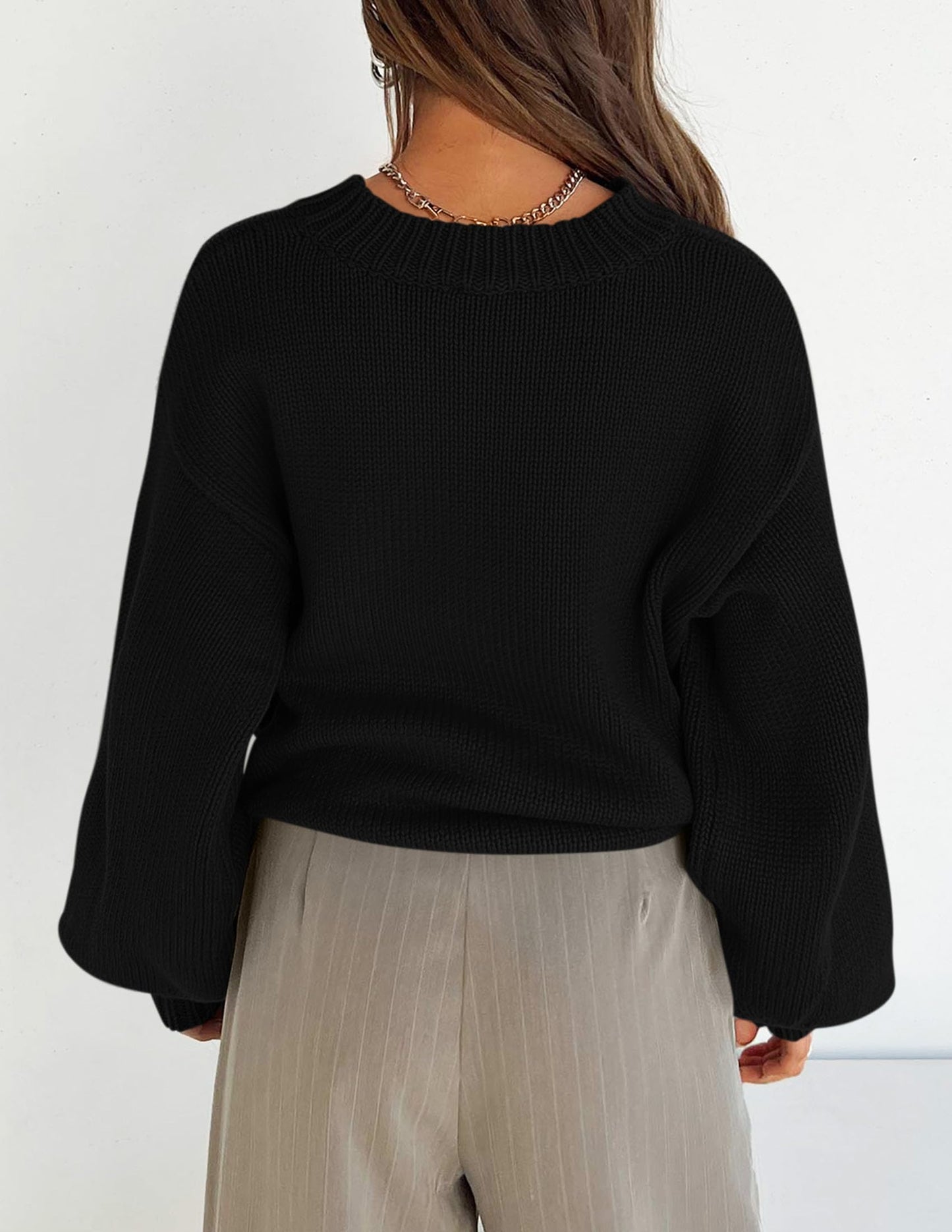 Chunky Knit Sweater Long Lantern Sleeve Crewneck Pullover