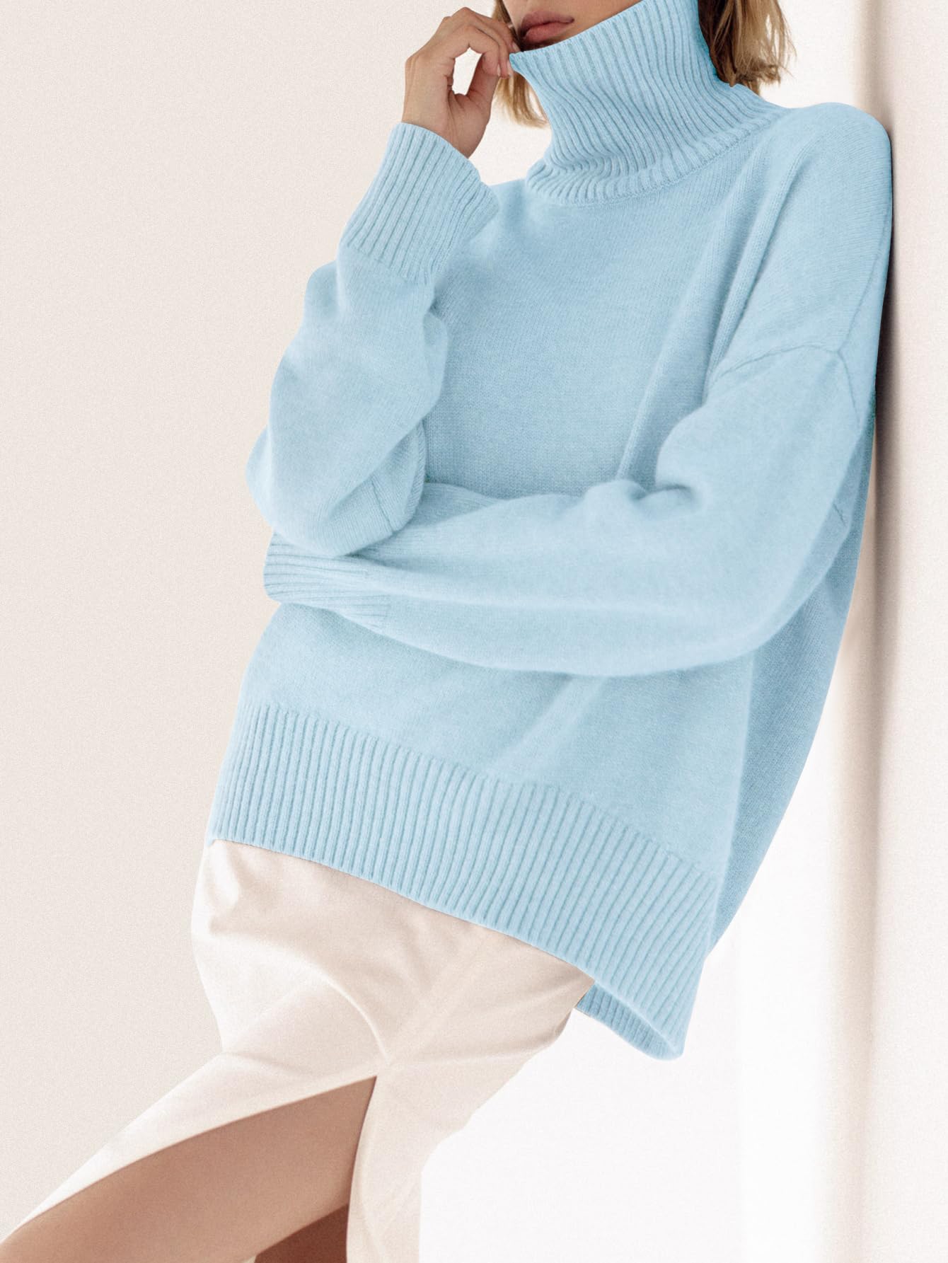 Turtleneck Sweater Chunky Long Sleeve Knitted Pullover High Low