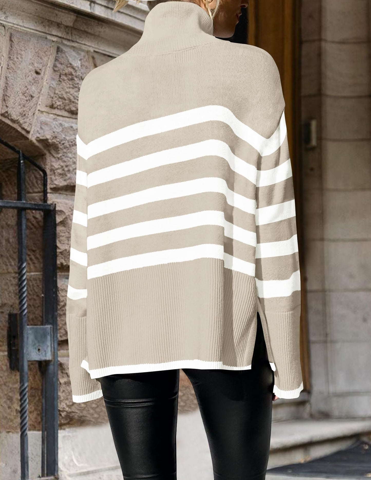 Turtleneck Long Sleeve Striped Side Slit Loose Pullover Sweater