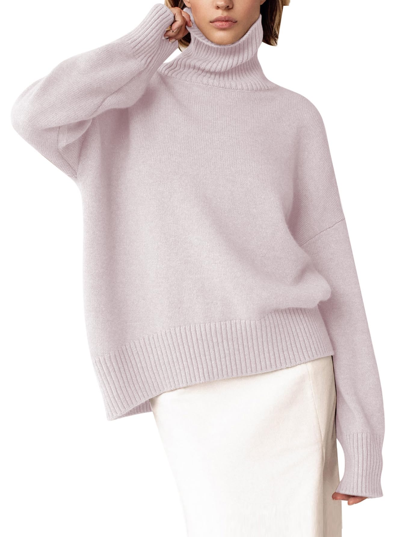 Turtleneck Sweater Chunky Long Sleeve Knitted Pullover High Low