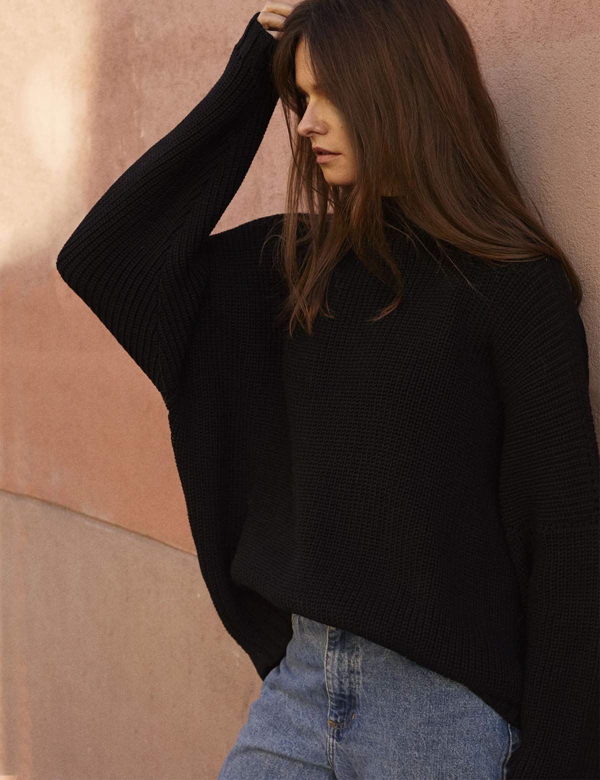 Oversized Sweaters Batwing Sleeve Mock Neck Knit Pullover Sweater