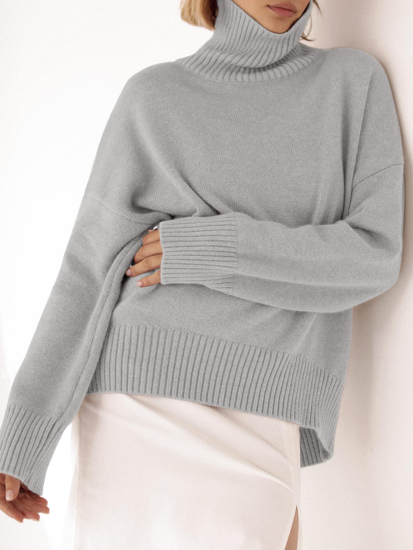 Turtleneck Sweater Chunky Long Sleeve Knitted Pullover High Low