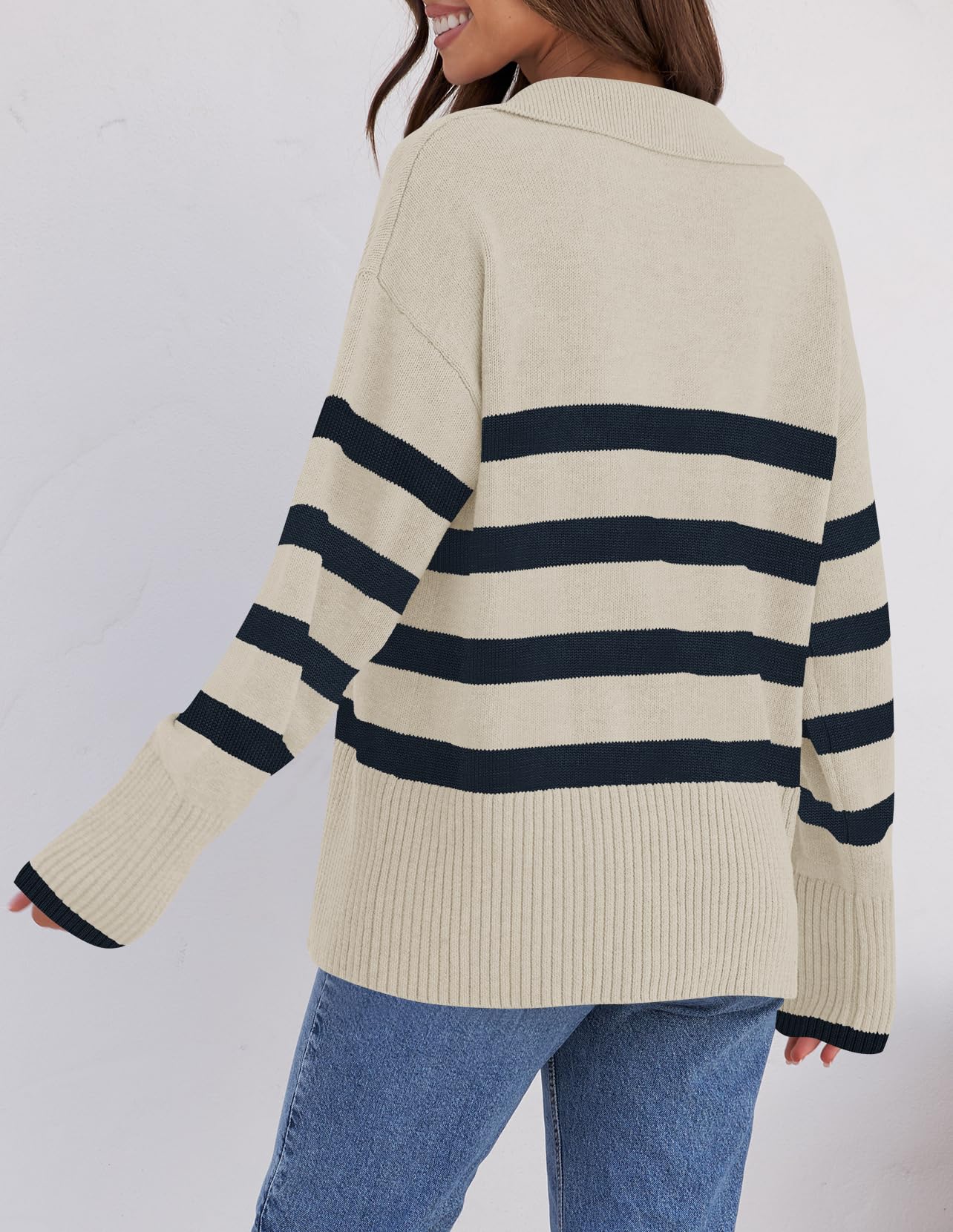 Lapel V Neck Long Sleeve Striped Chunky Knit Oversized Pullover Sweater