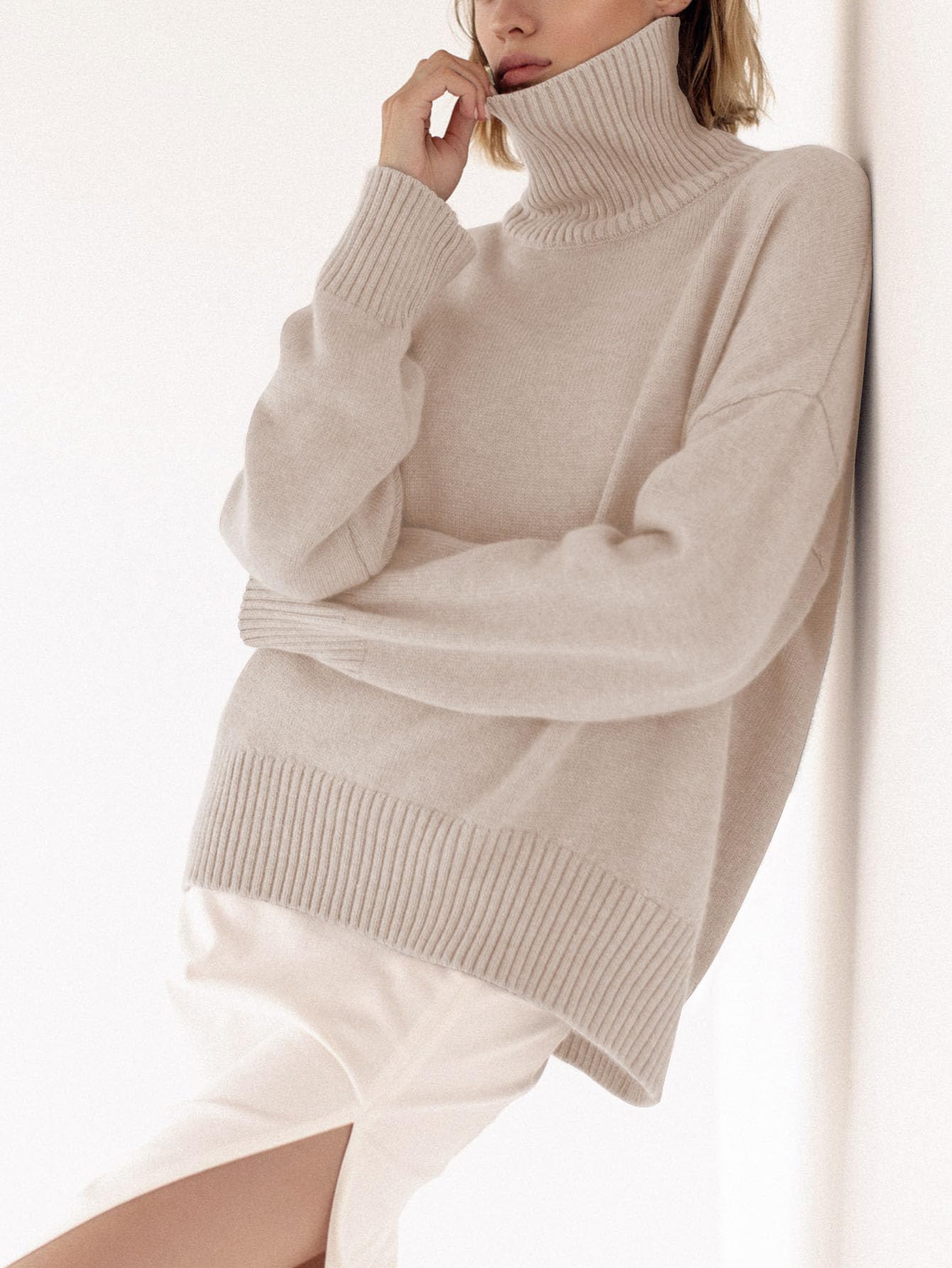 Turtleneck Sweater Chunky Long Sleeve Knitted Pullover High Low