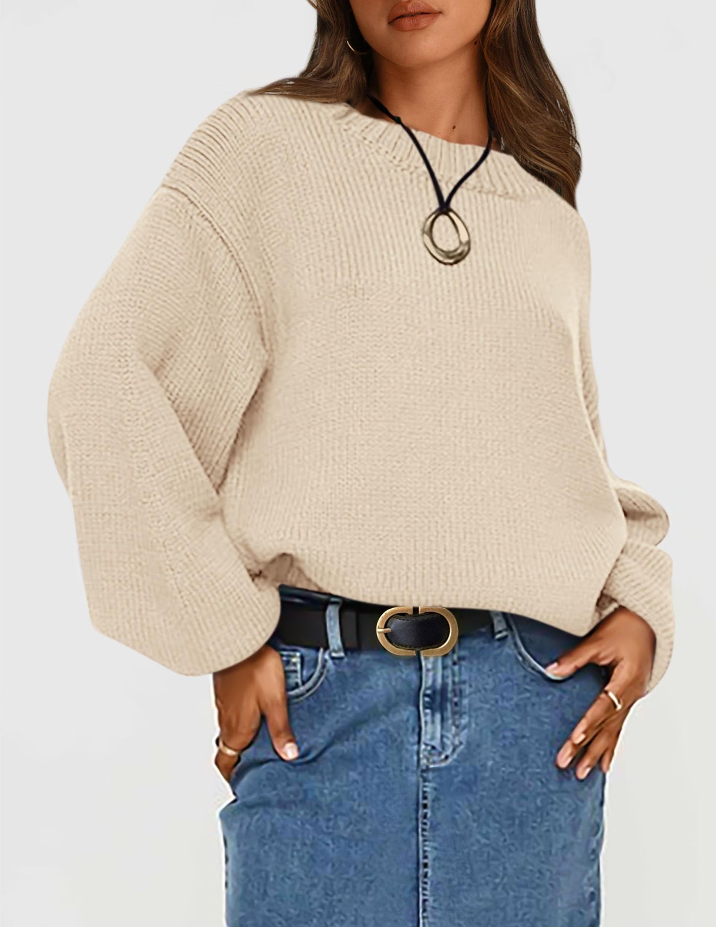 Chunky Knit Sweater Long Lantern Sleeve Crewneck Pullover