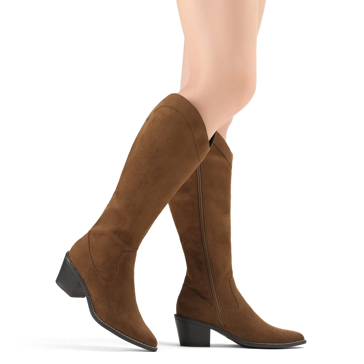 Suede and Leather Western Chunky Heel Pointed Toe Knee High Boots