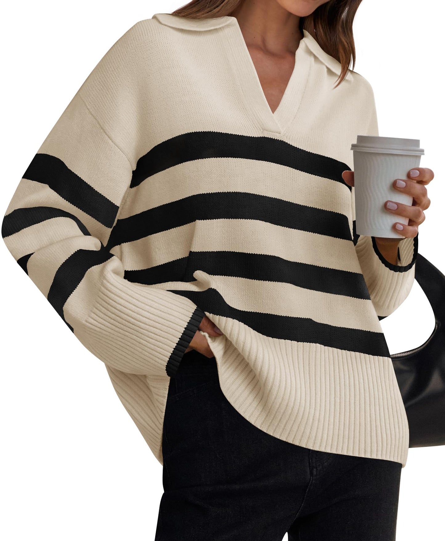 Lapel V Neck Long Sleeve Striped Chunky Knit Oversized Pullover Sweater