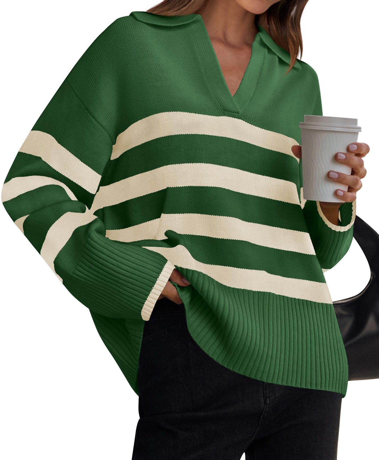 Lapel V Neck Long Sleeve Striped Chunky Knit Oversized Pullover Sweater