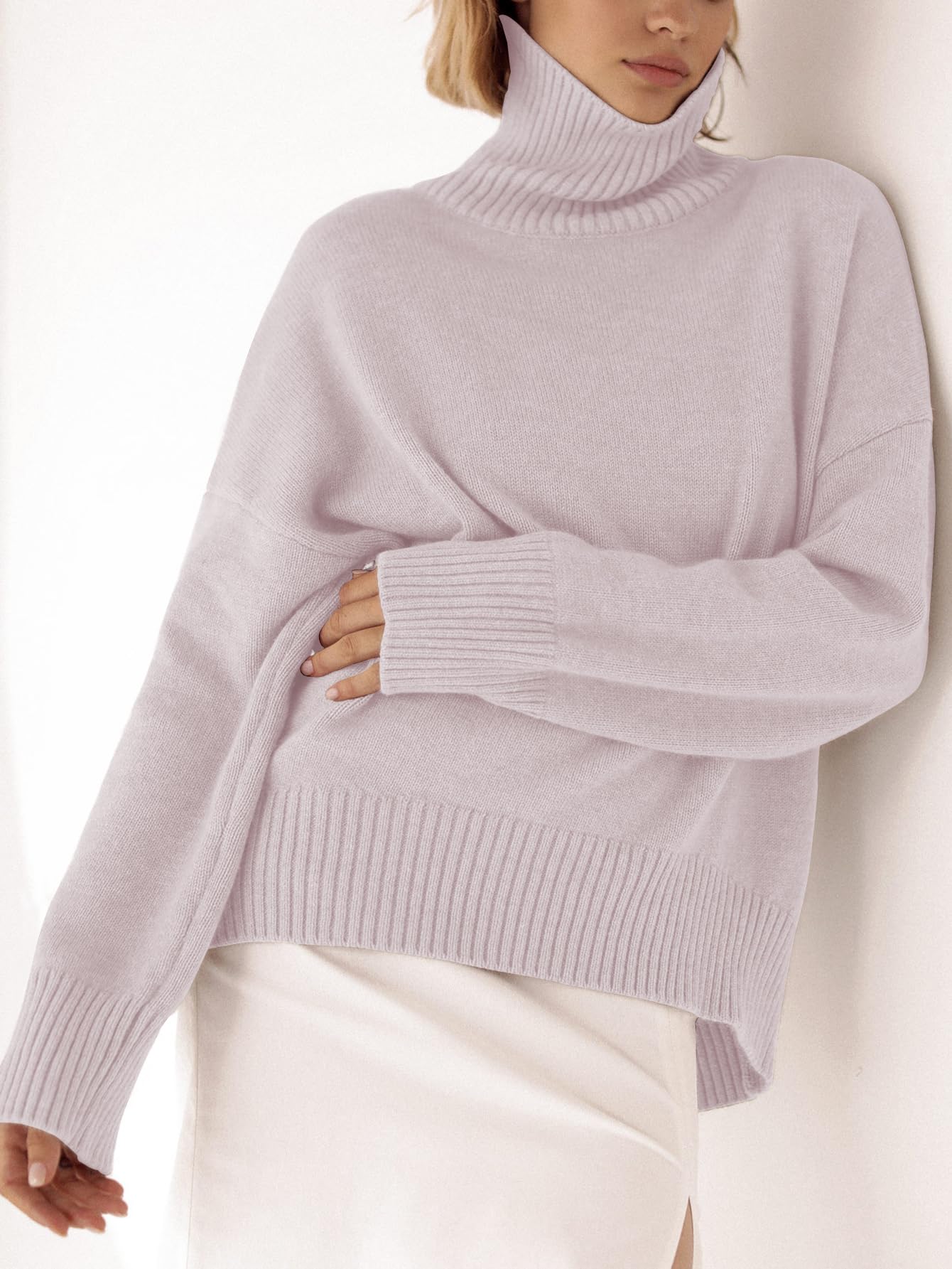 Turtleneck Sweater Chunky Long Sleeve Knitted Pullover High Low