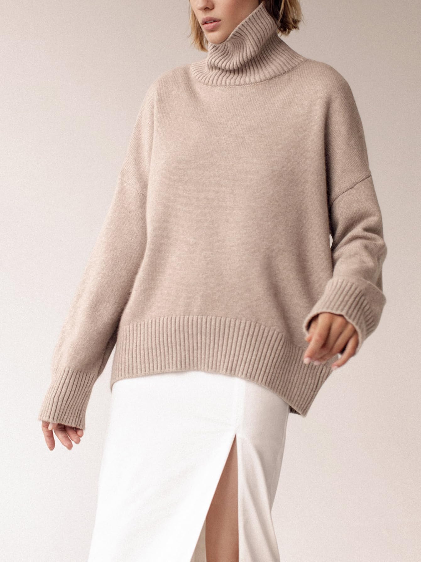 Turtleneck Sweater Chunky Long Sleeve Knitted Pullover High Low