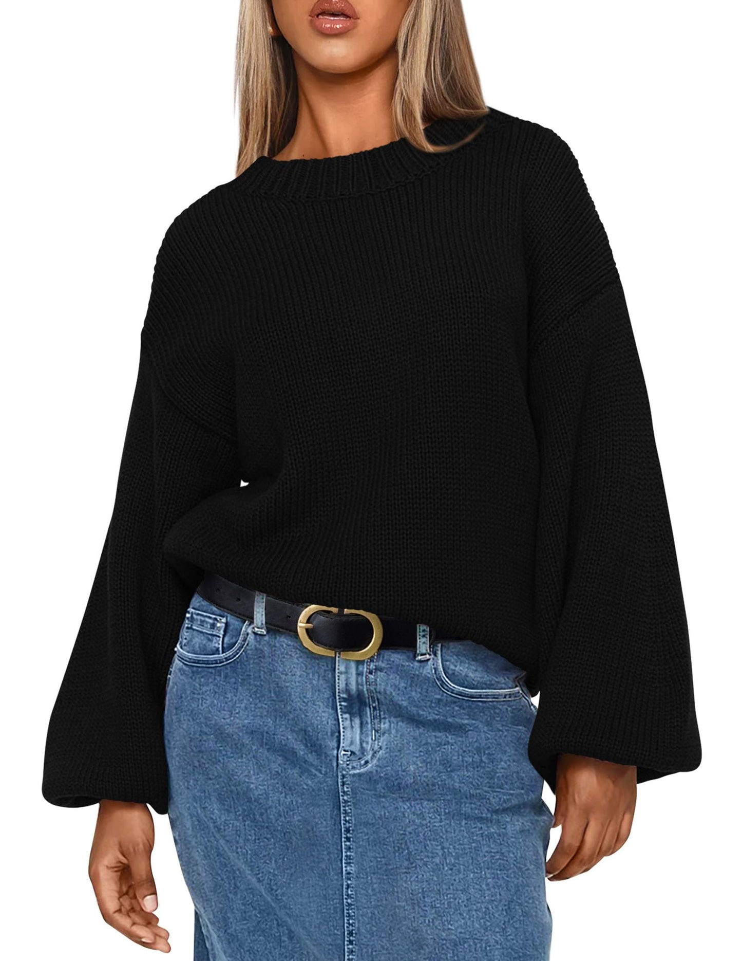 Chunky Knit Sweater Long Lantern Sleeve Crewneck Pullover