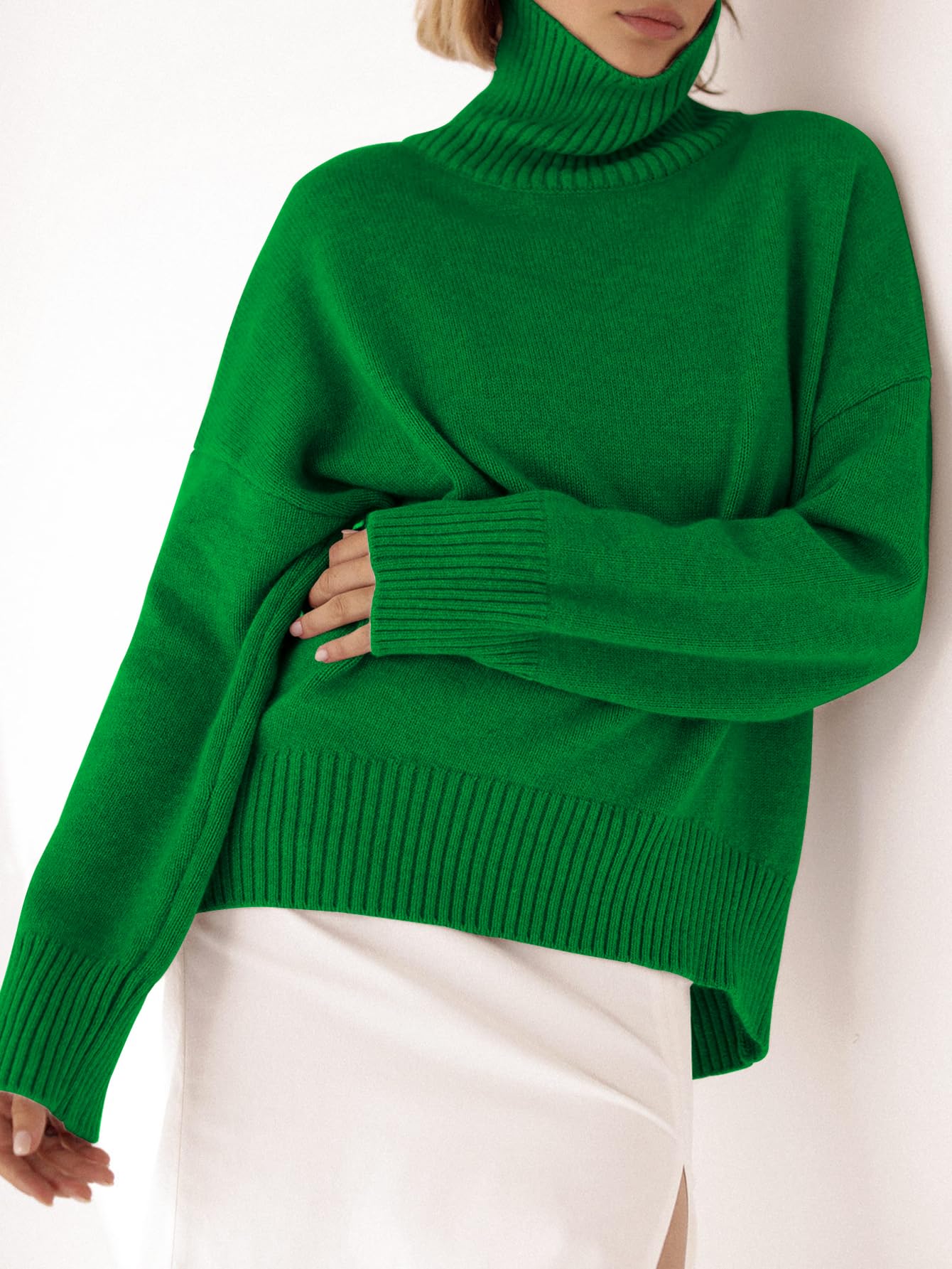 Turtleneck Sweater Chunky Long Sleeve Knitted Pullover High Low