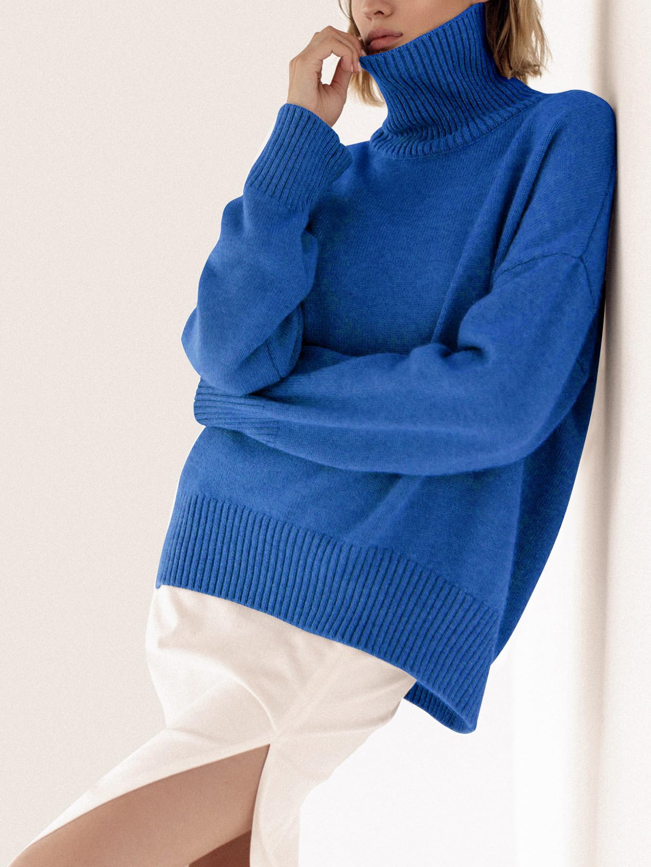 Turtleneck Sweater Chunky Long Sleeve Knitted Pullover High Low