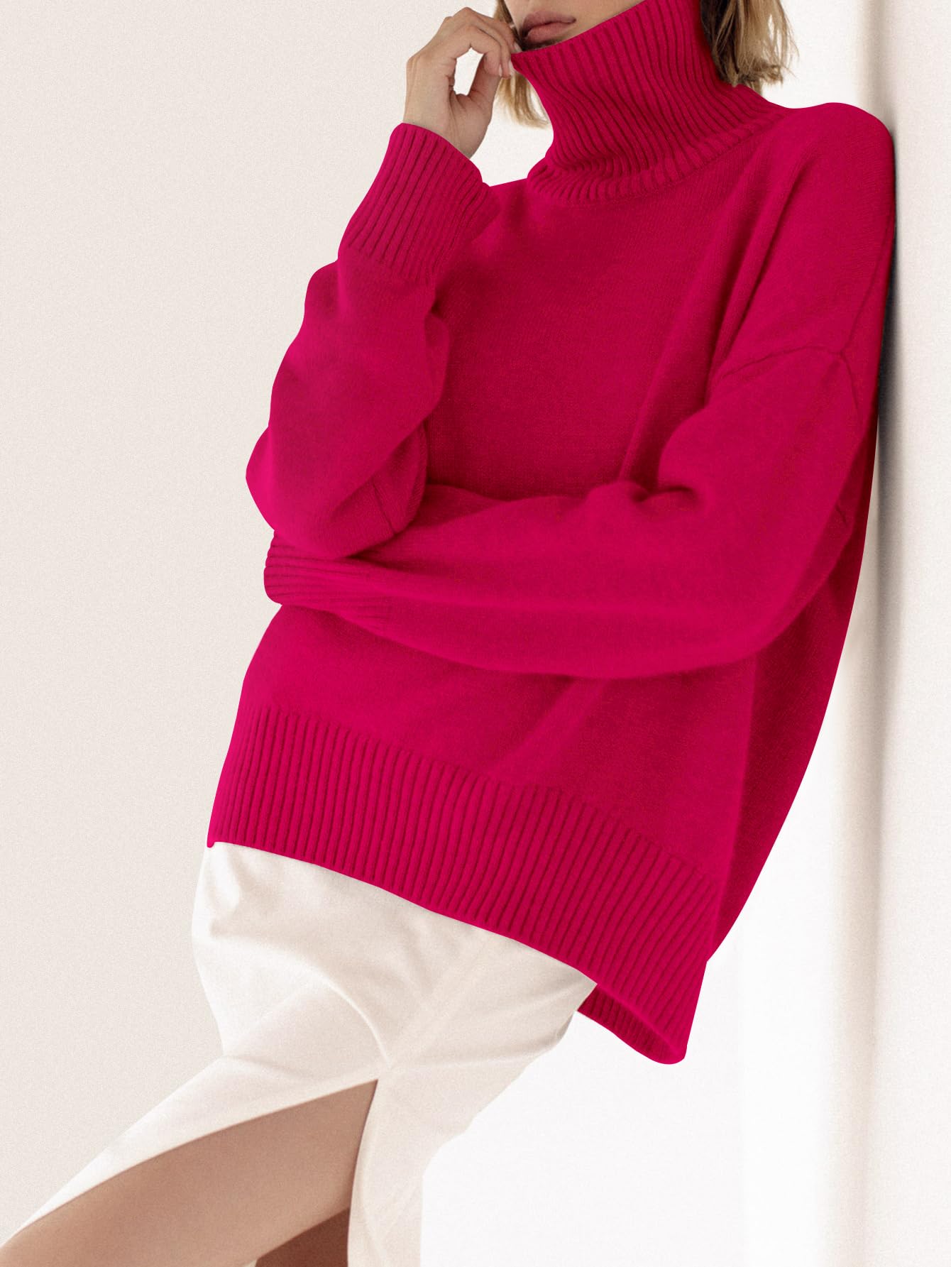 Turtleneck Sweater Chunky Long Sleeve Knitted Pullover High Low