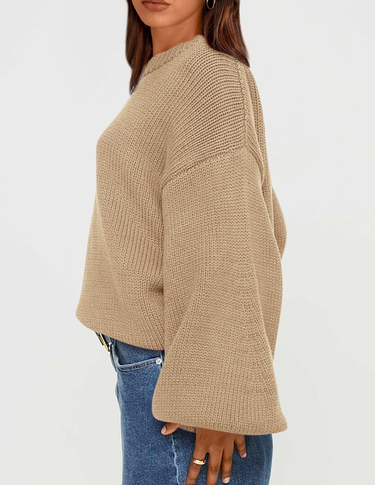 Chunky Knit Sweater Long Lantern Sleeve Crewneck Pullover