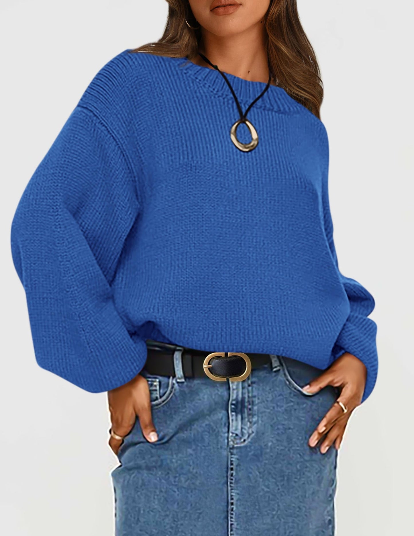 Chunky Knit Sweater Long Lantern Sleeve Crewneck Pullover