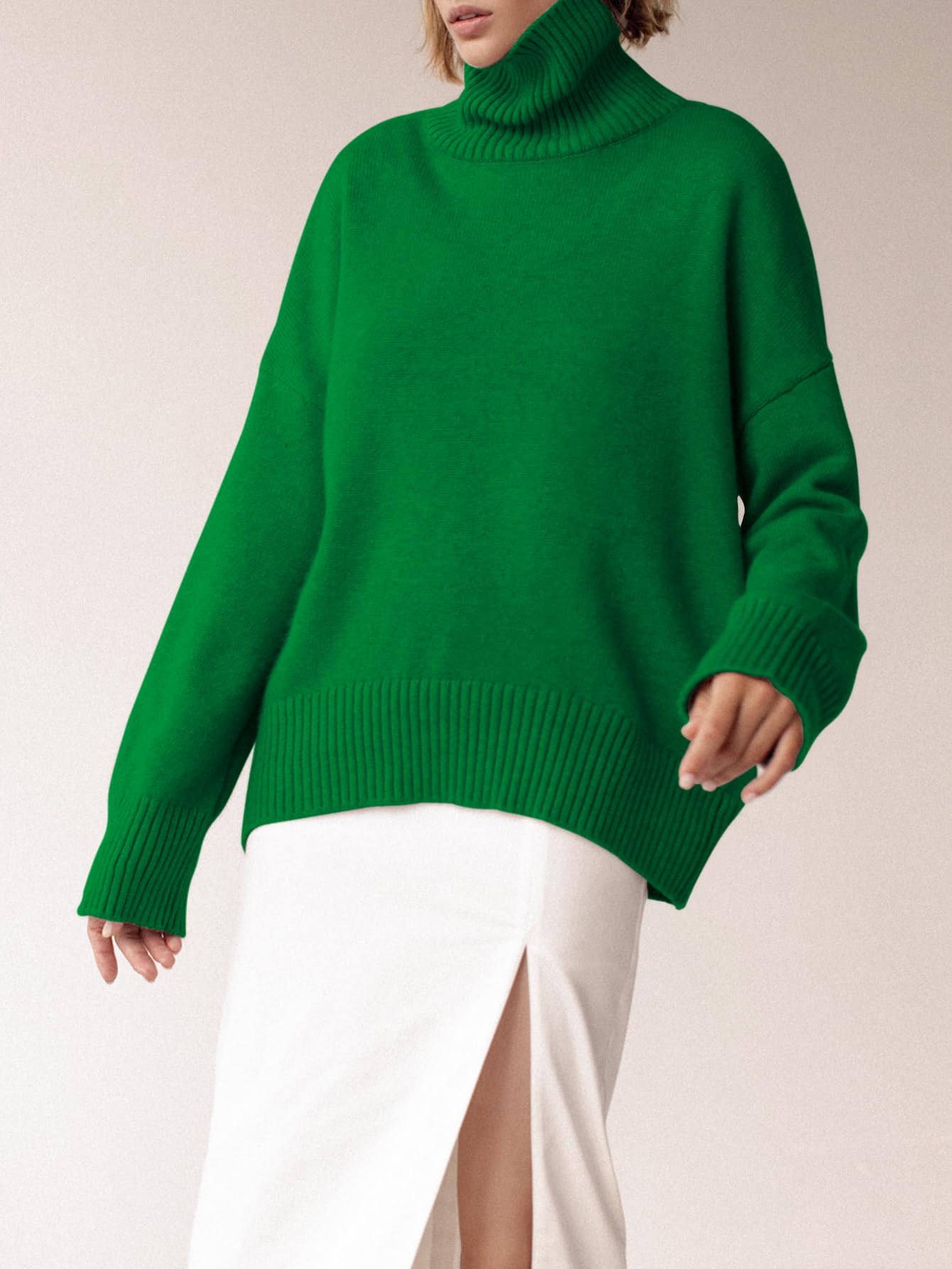 Turtleneck Sweater Chunky Long Sleeve Knitted Pullover High Low