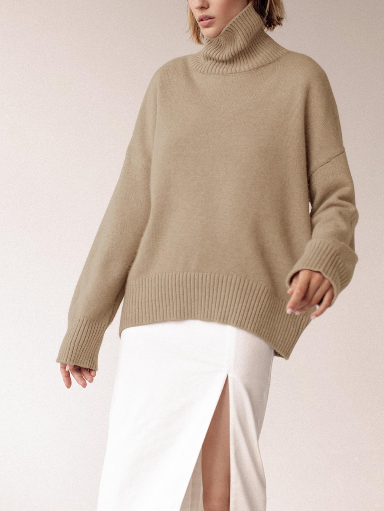 Turtleneck Sweater Chunky Long Sleeve Knitted Pullover High Low