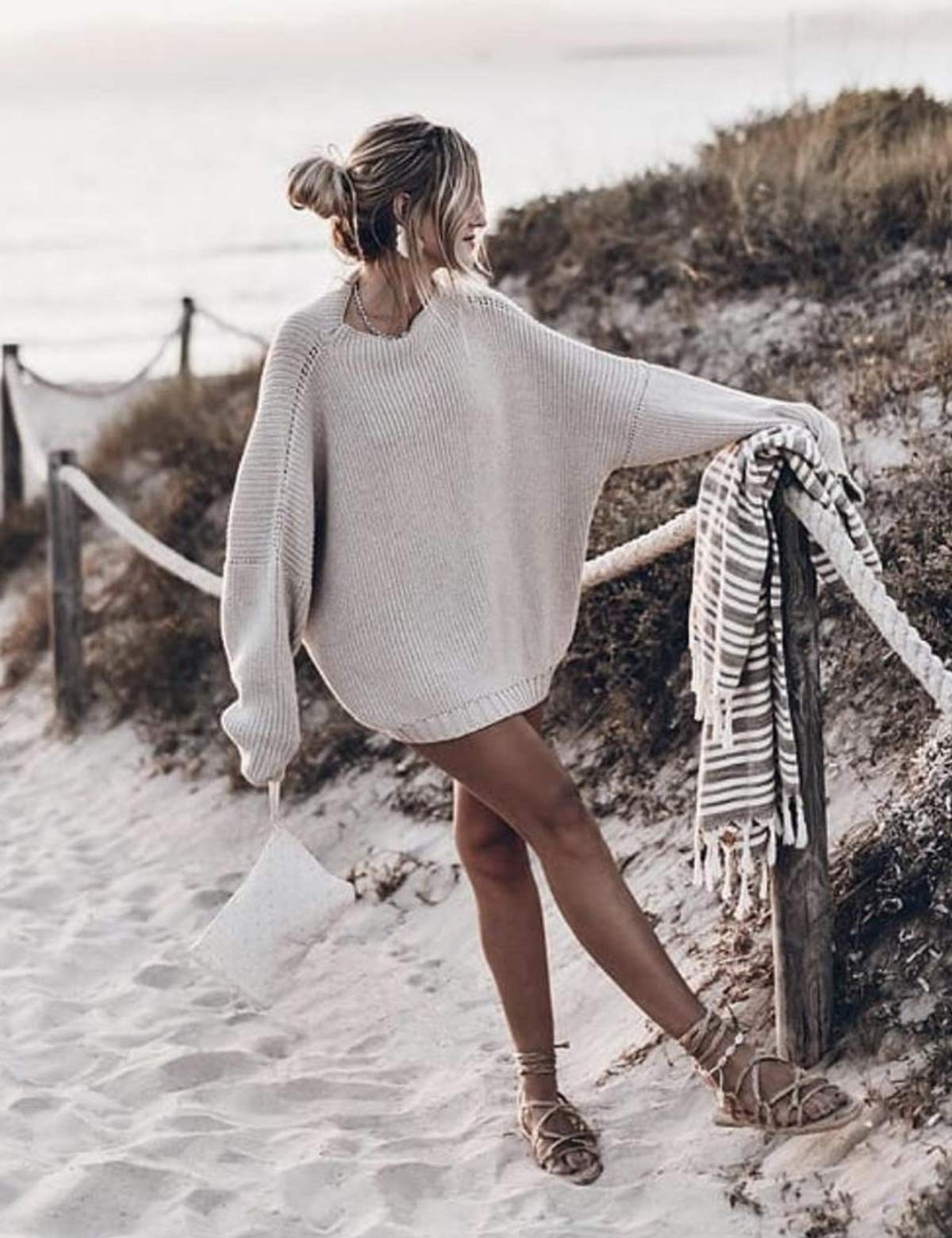 Oversized Sweaters Batwing Sleeve Mock Neck Knit Pullover Sweater