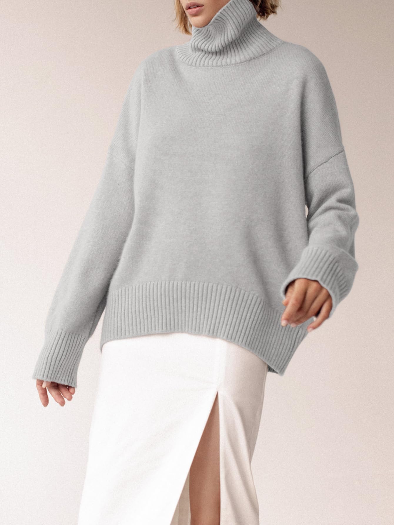 Turtleneck Sweater Chunky Long Sleeve Knitted Pullover High Low