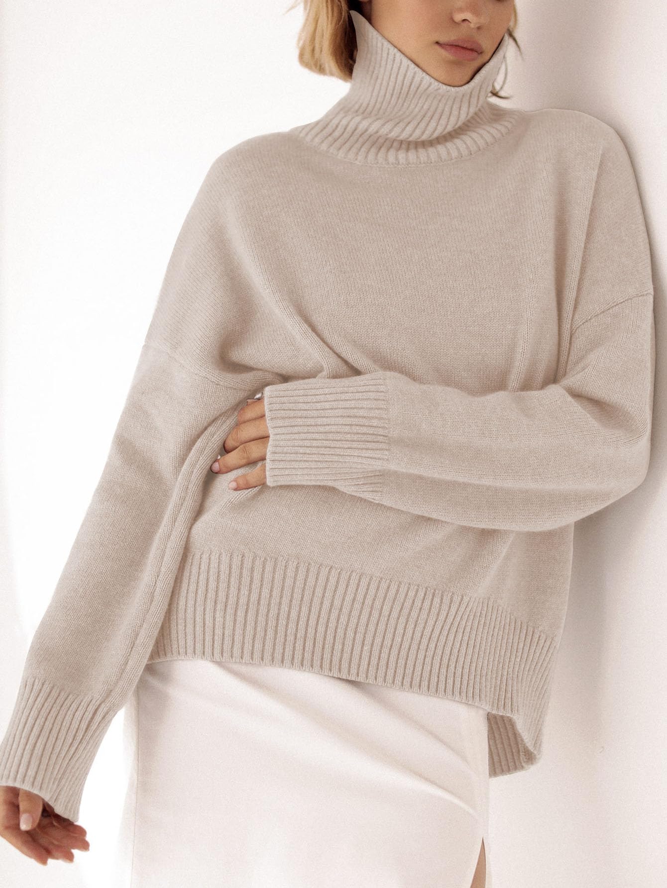 Turtleneck Sweater Chunky Long Sleeve Knitted Pullover High Low